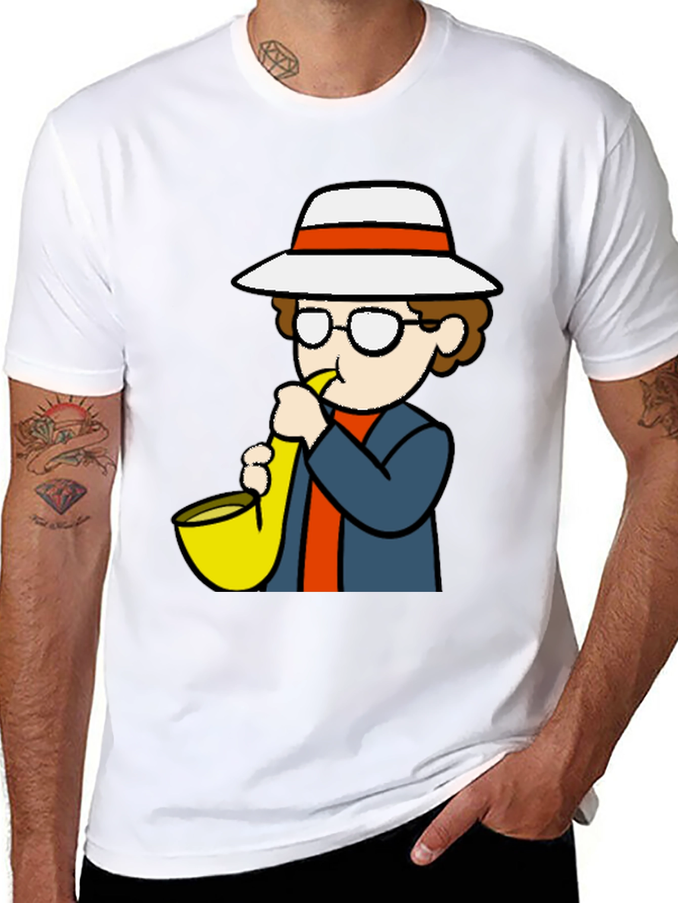 Black Cartoon Sax Player T-Shirt - Cool Graphic Tee view 8