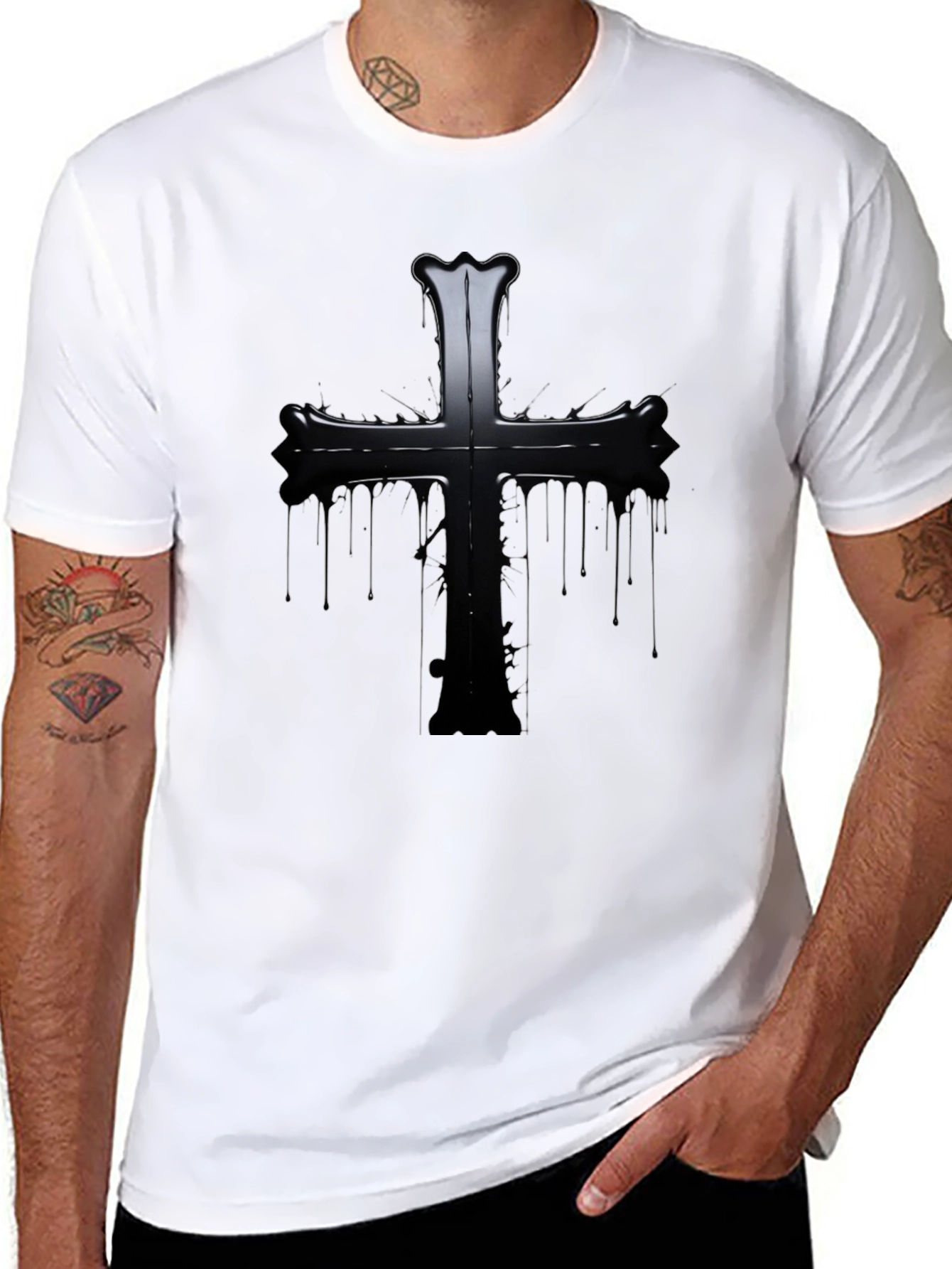 Black Gothic Cross Graphic Black T-Shirt view 8