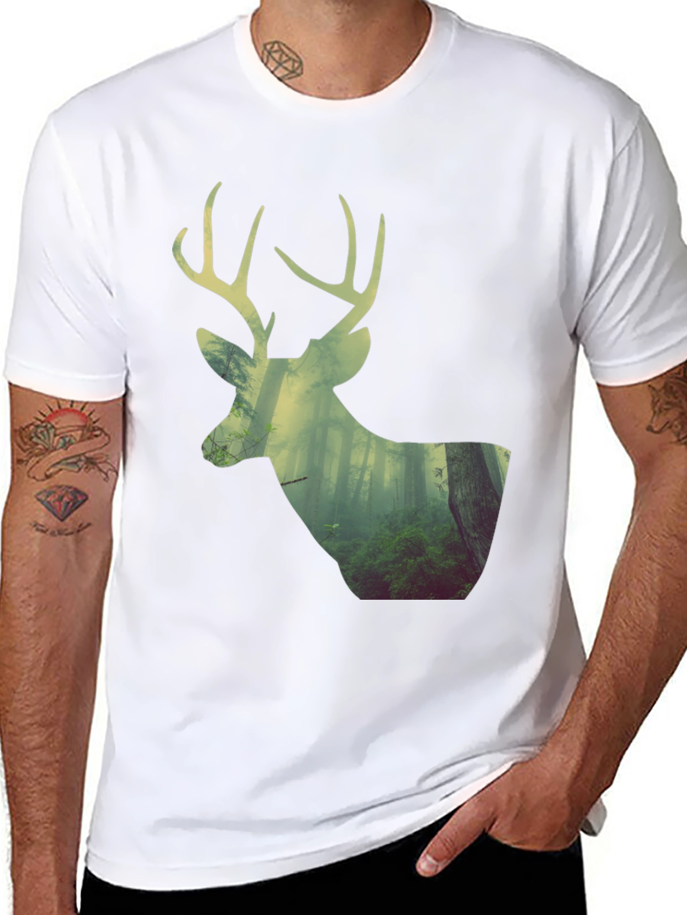 Black Deer Forest Graphic Print Black T-Shirt view 8