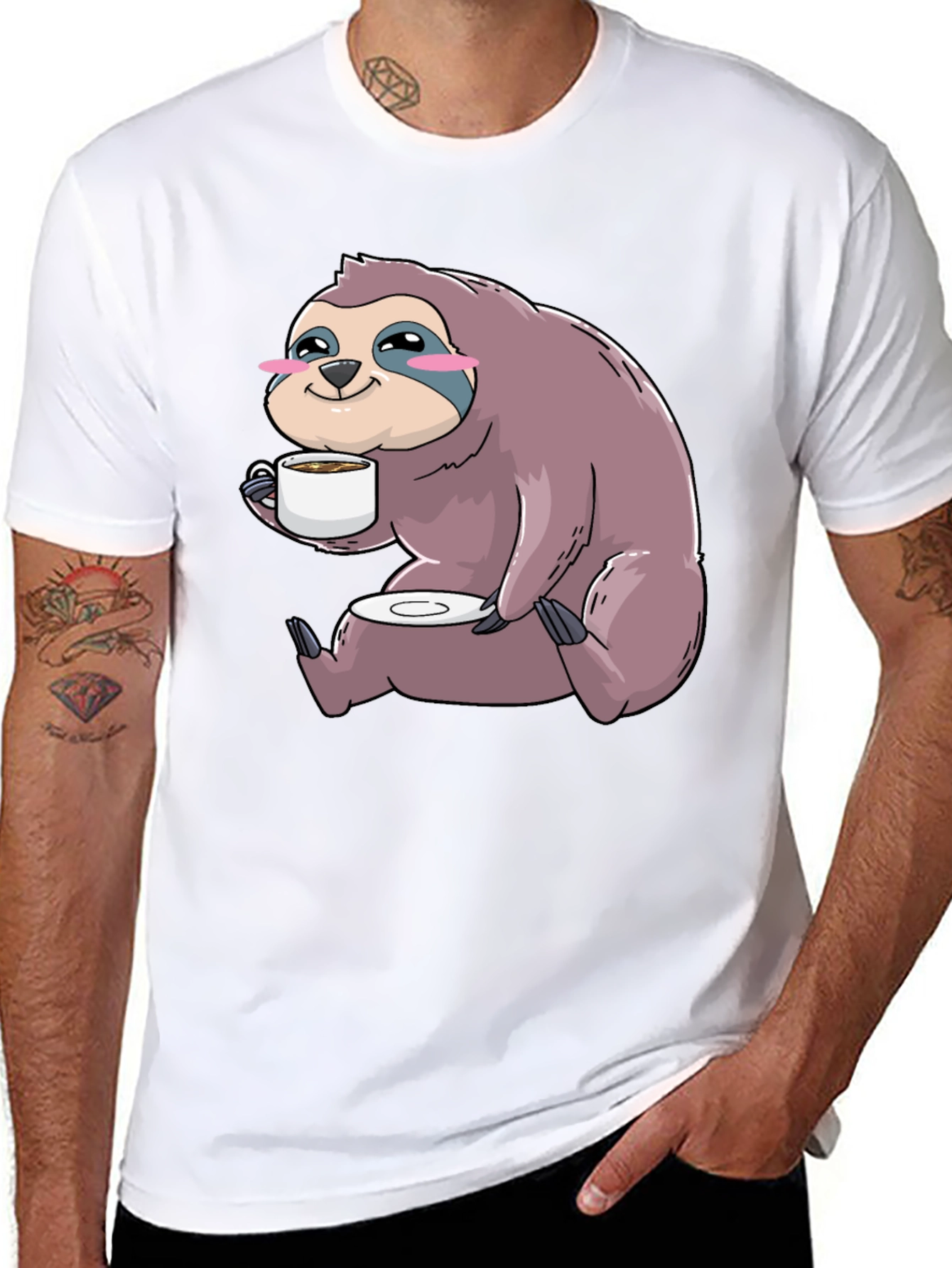 Black Sloth Coffee T-Shirt - Cute Cartoon Sloth Drinking Coffee view 8