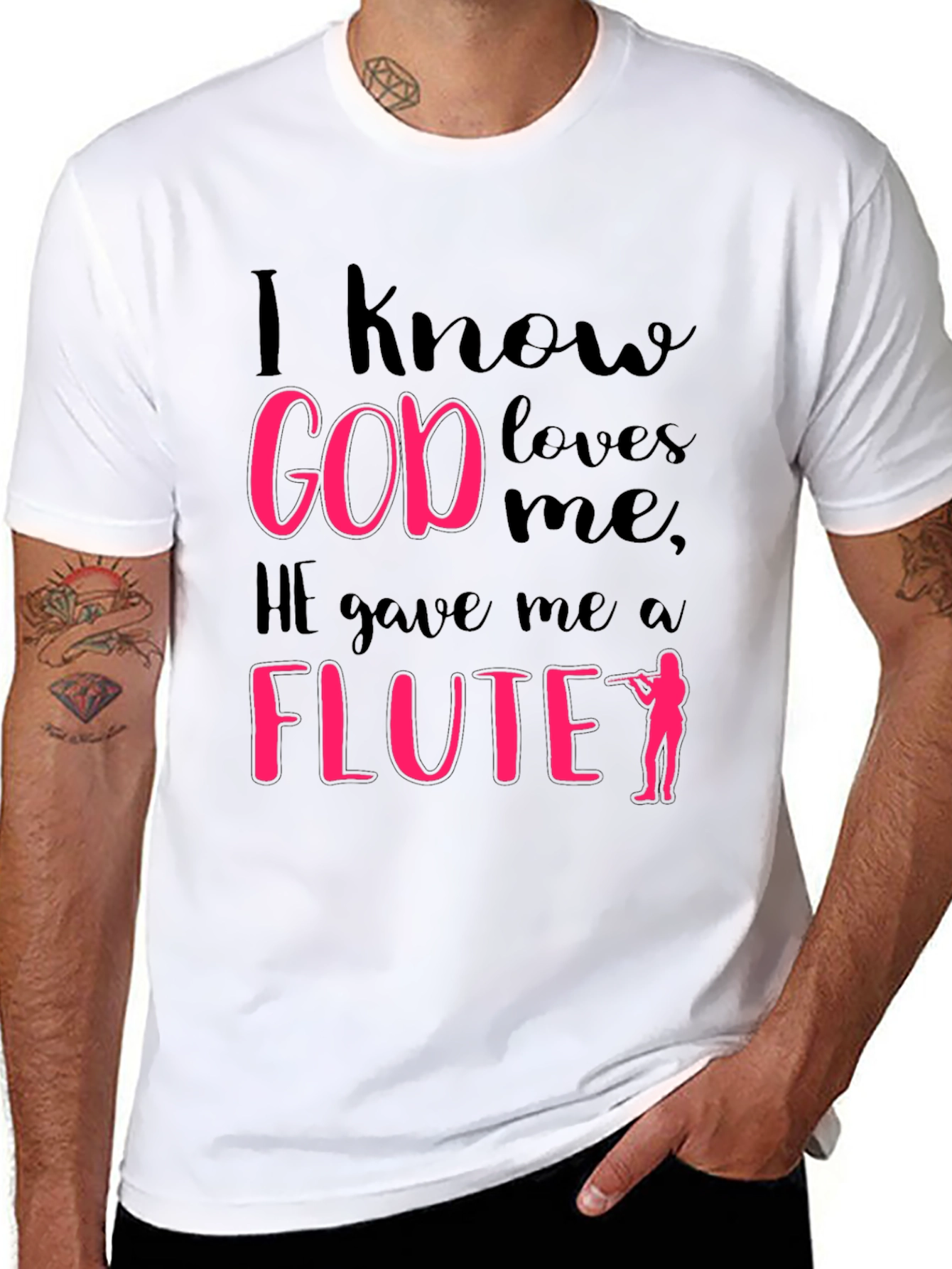 Black I Know God Loves Me Flute Player T-Shirt view 8