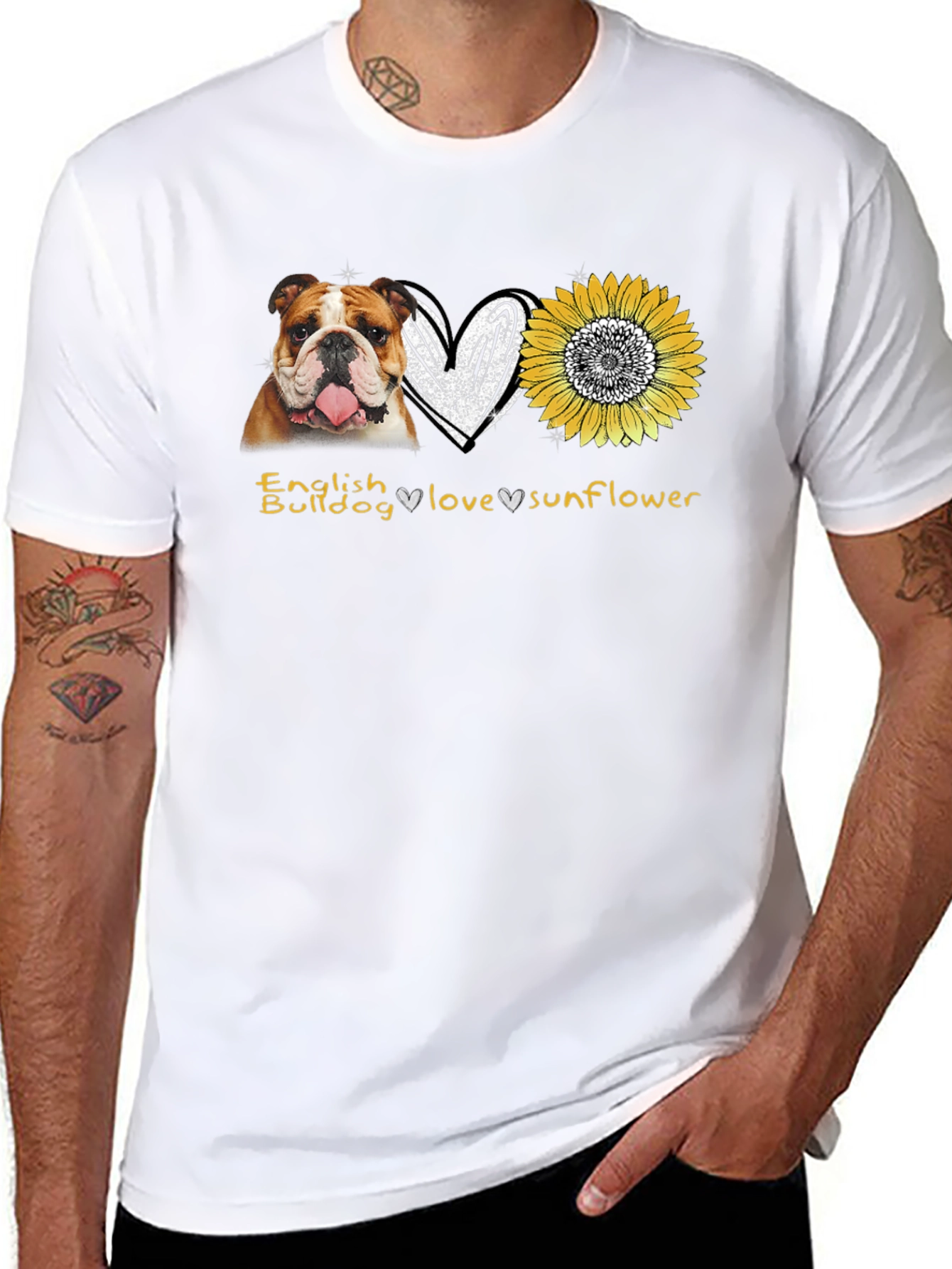 Black English Bulldog Love Sunflower Graphic T-Shirt view 8