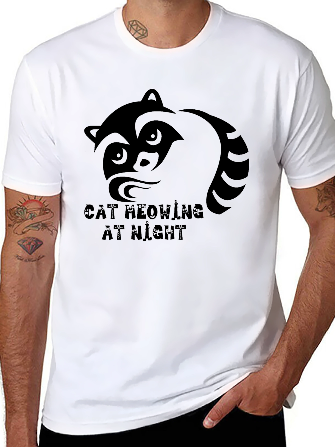 Black Raccoon Graphic T-Shirt - Cat Meowing At Night Tee view 8