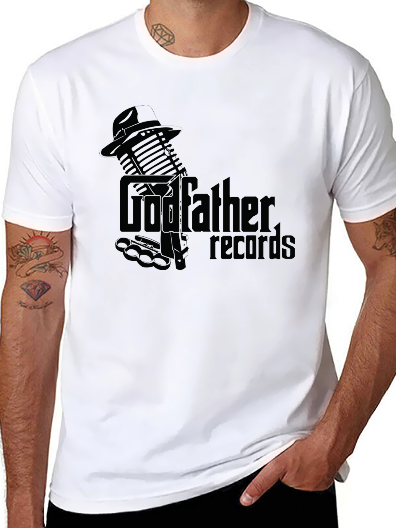 Black Godfather Records Graphic Tee - Vintage Microphone Design view 8
