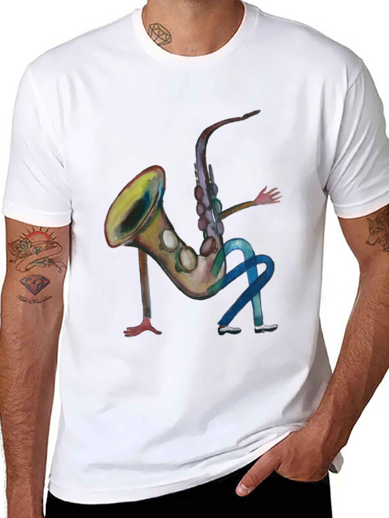 Black Saxophone Man Black T-Shirt - Funny Music Tee view 8