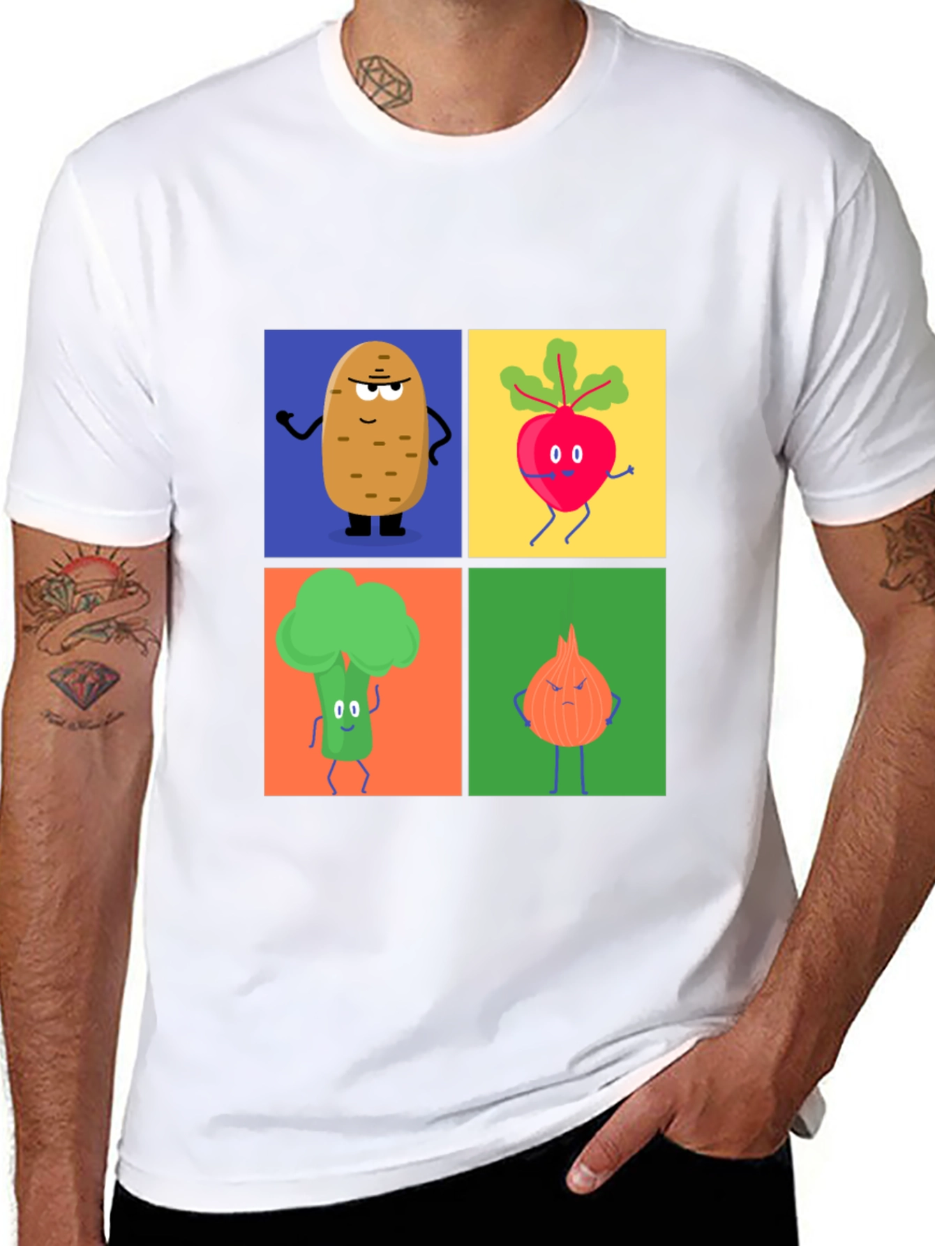 Black Veggie Cartoon T-Shirt: Potato, Beet, Broccoli, Onion view 8