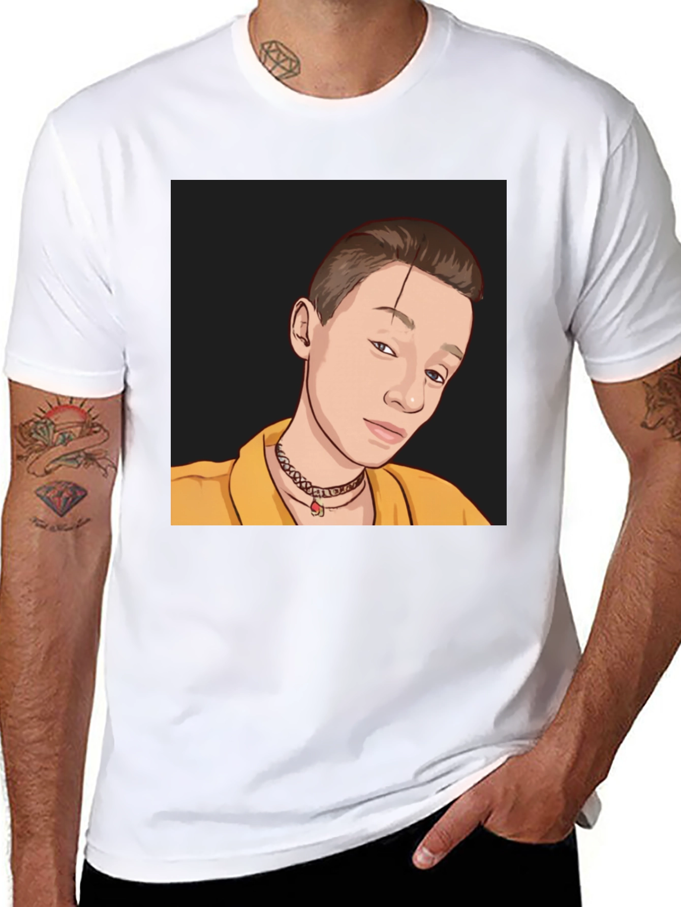 Black Graphic Tee: Cartoon Portrait T-Shirt view 8