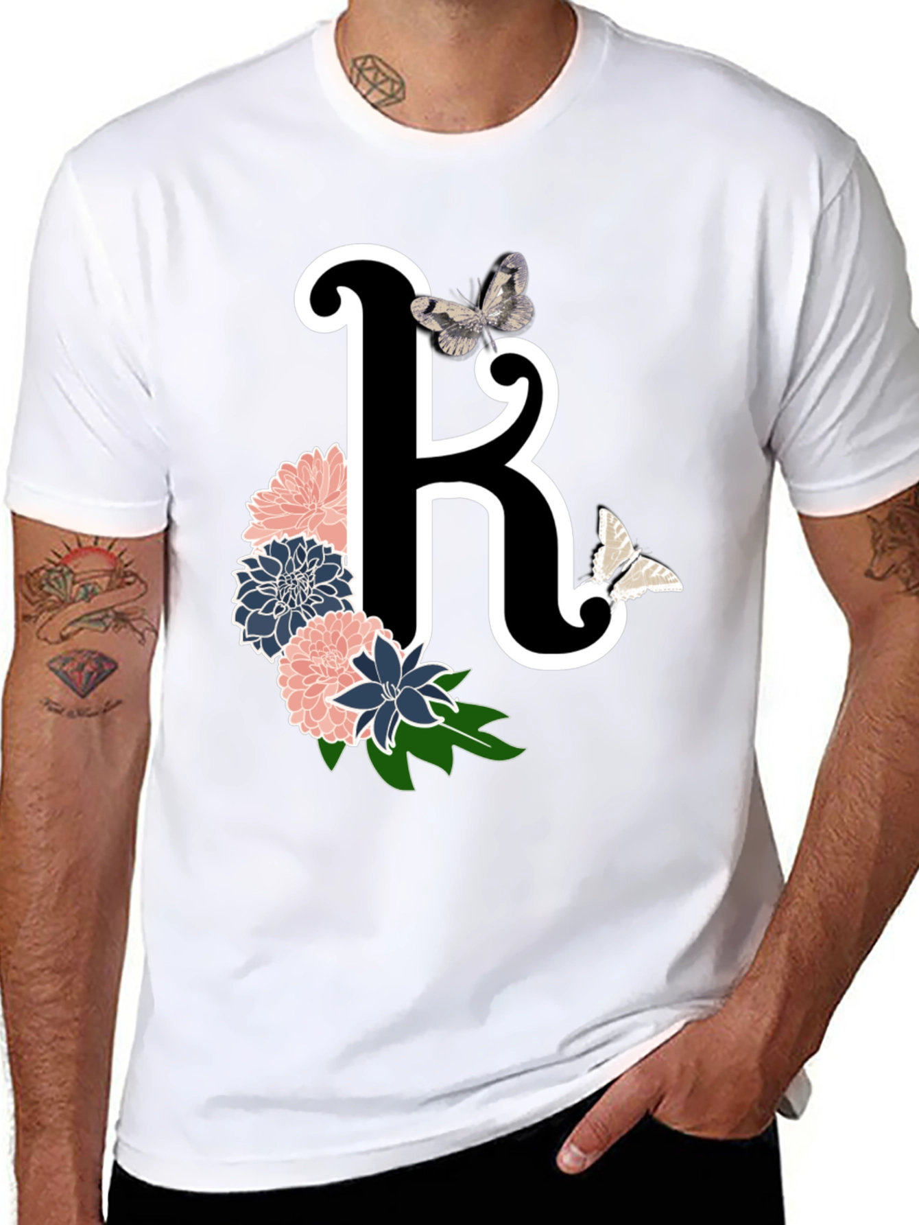Black Floral Letter K Black T-Shirt view 8