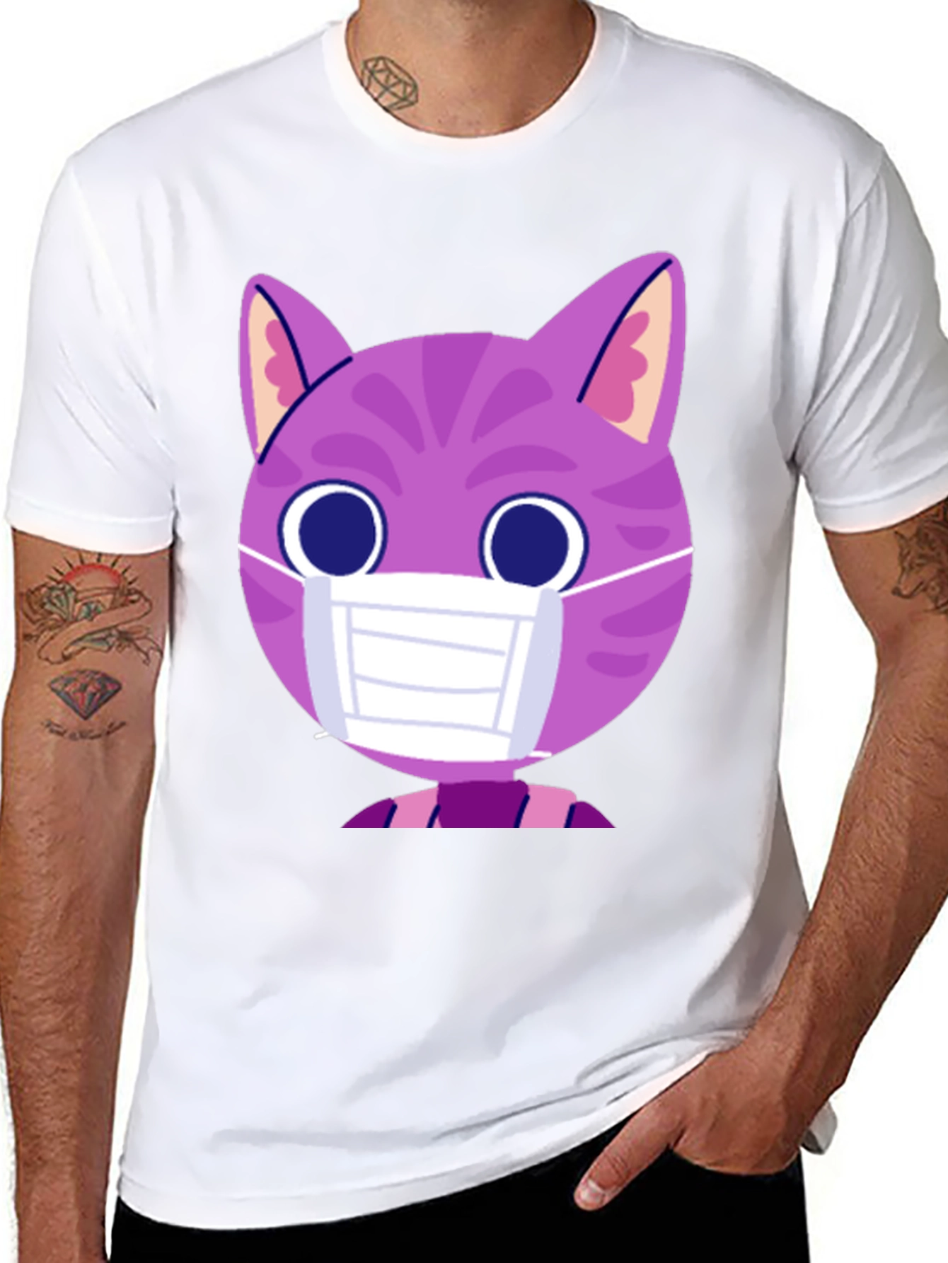 Black Cute Cat in Mask Graphic Tee - Unisex Black T-Shirt view 8