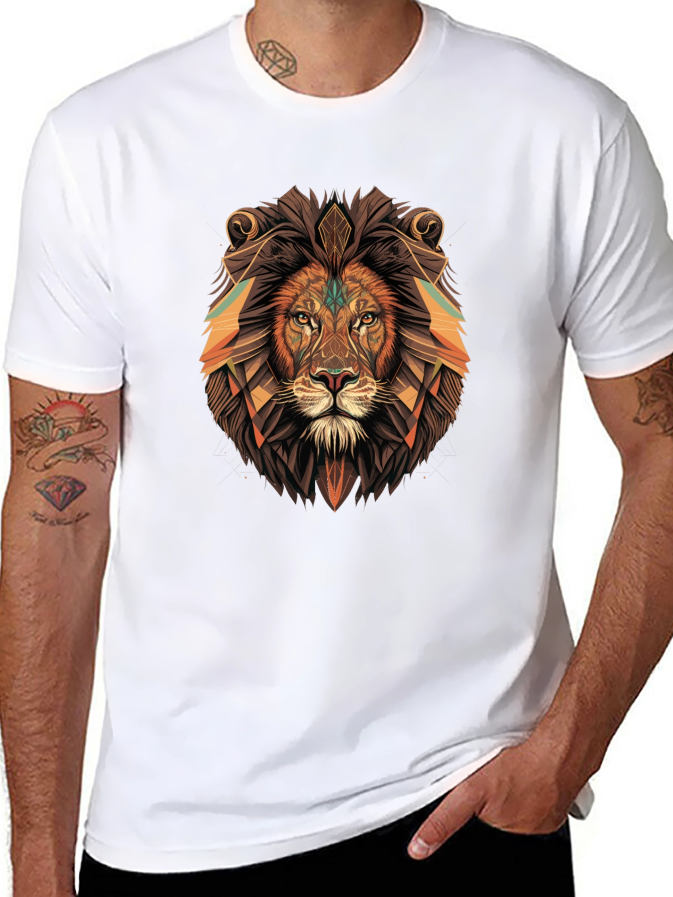Black Geometric Lion Graphic Tee - Black Cotton Blend view 8