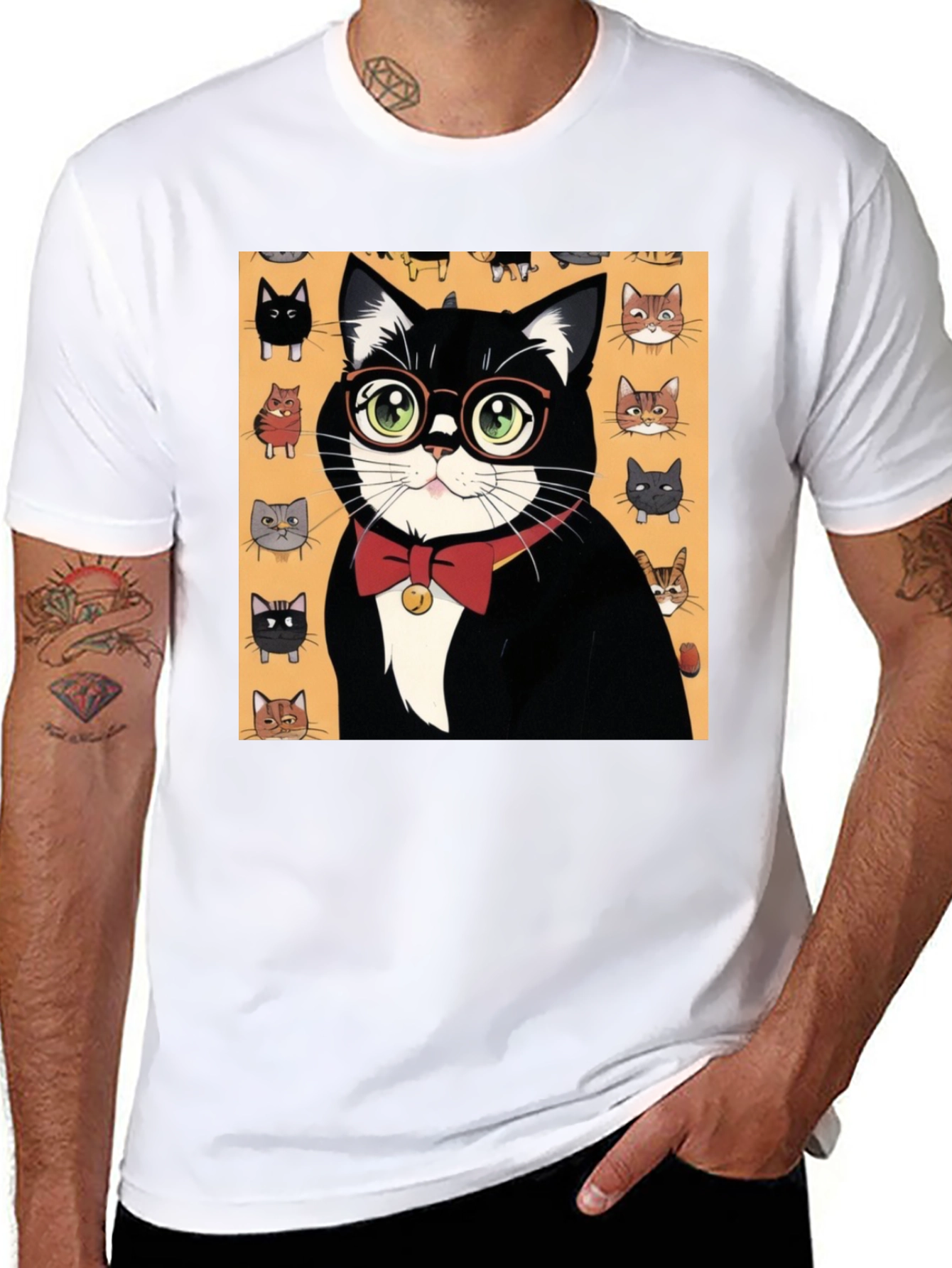 Black Cool Cat T-Shirt - Black Tee with Whimsical Cat Print view 8