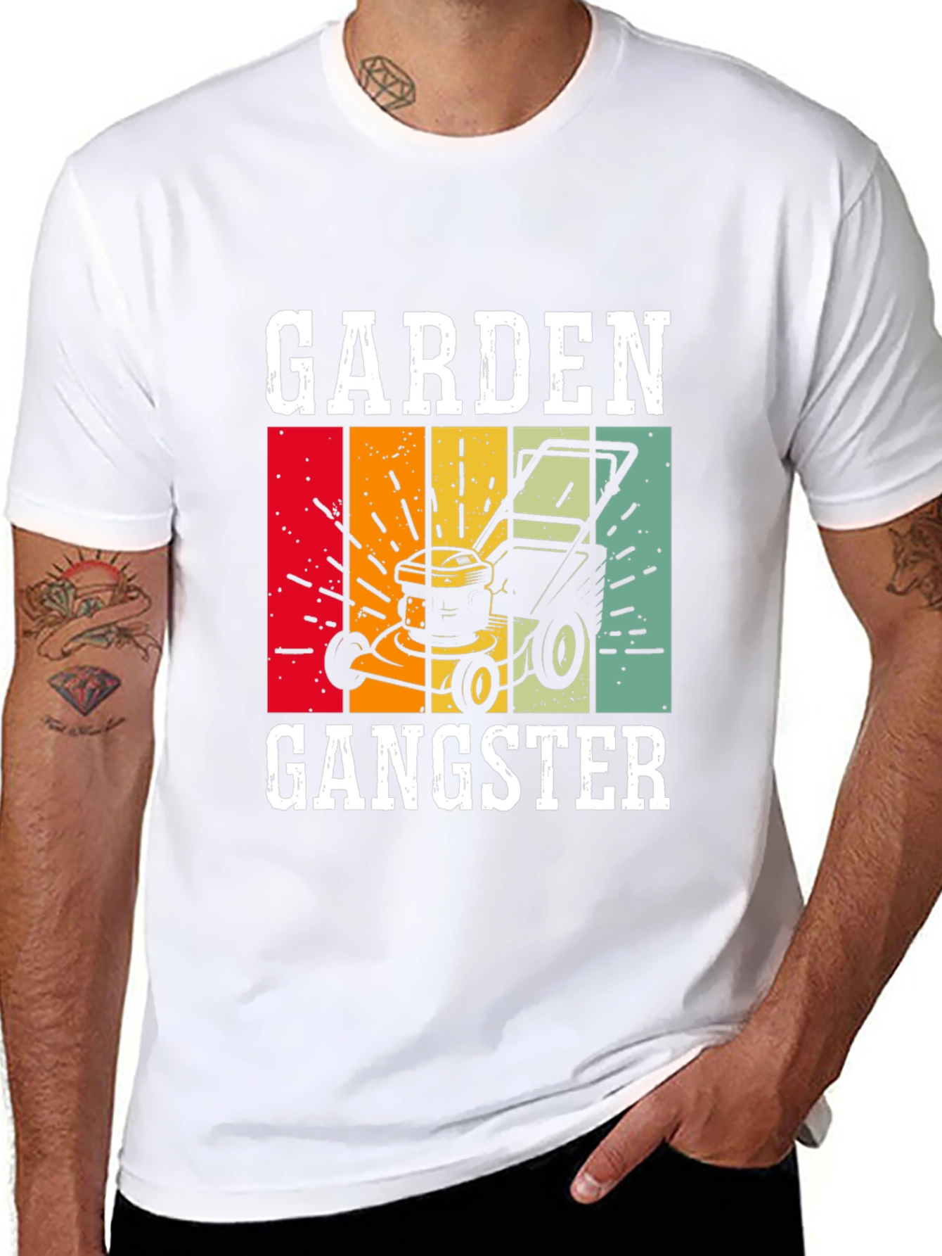 Black Garden Gangster Graphic T-Shirt - Retro Lawn Mower Design view 8