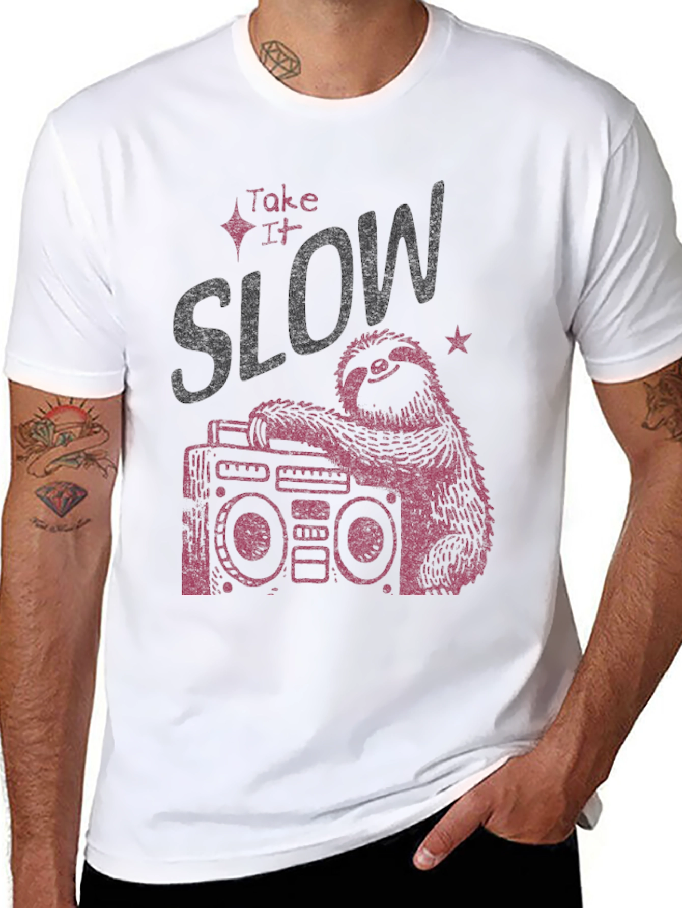 Black Take It Slow Sloth Boombox Graphic Tee view 8