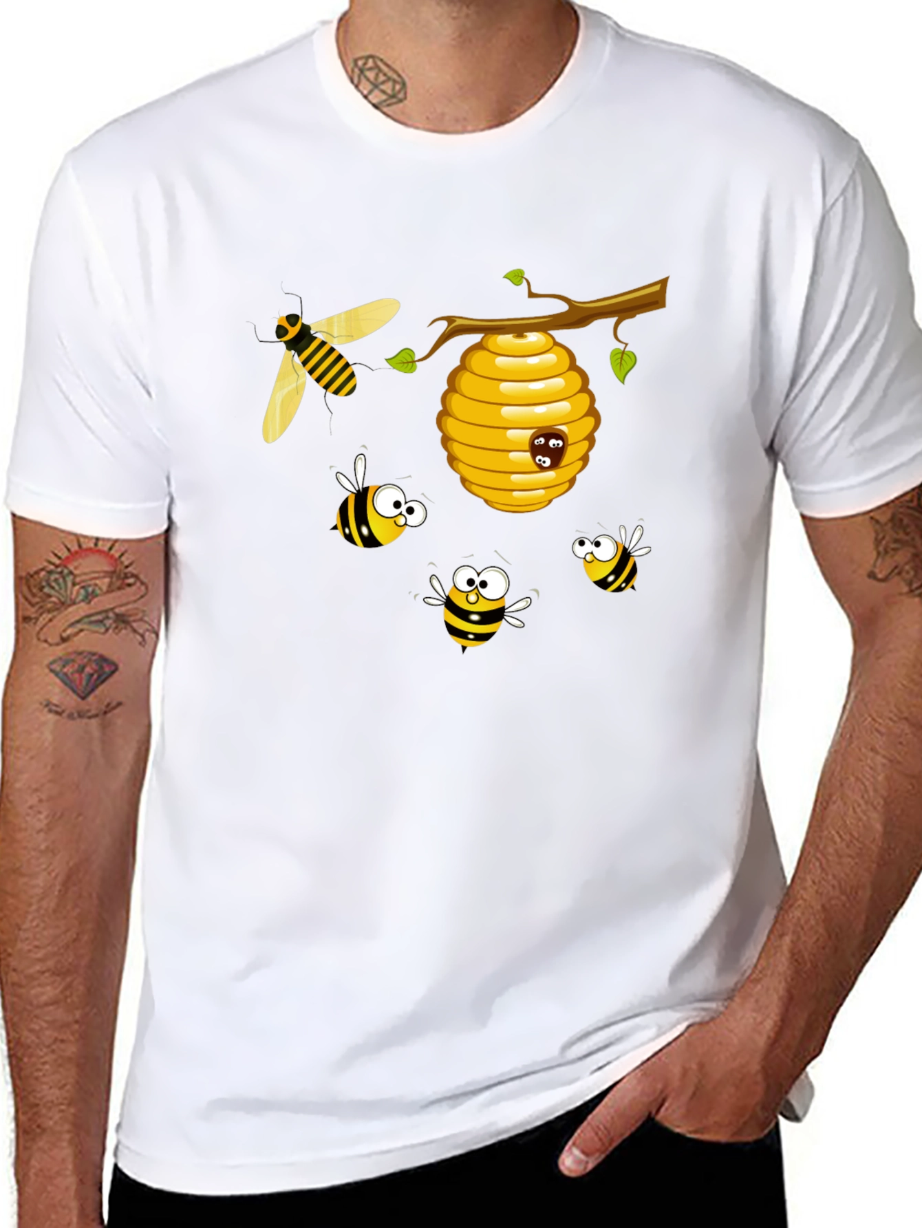 Black Cartoon Bees T-Shirt - Black Cotton Tee view 8