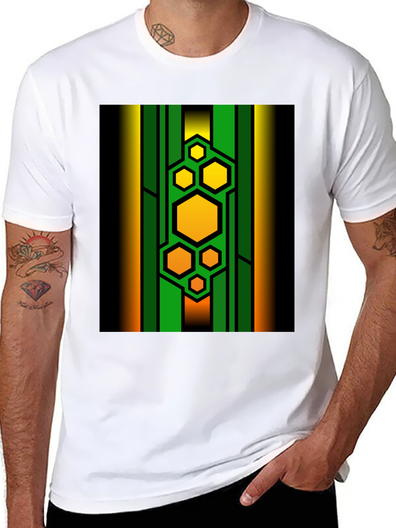 Black Geometric Hexagon Pattern T-Shirt view 8