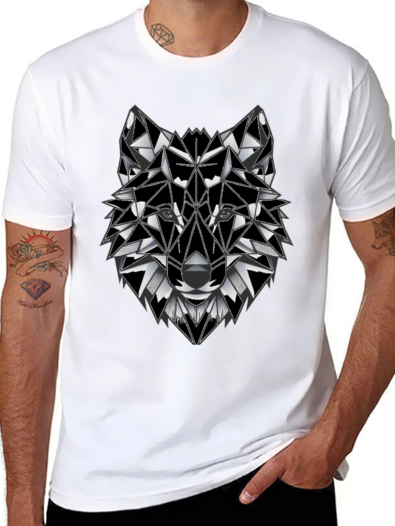 Black Geometric Wolf Graphic Tee - Stylish Men's T-Shirt view 8