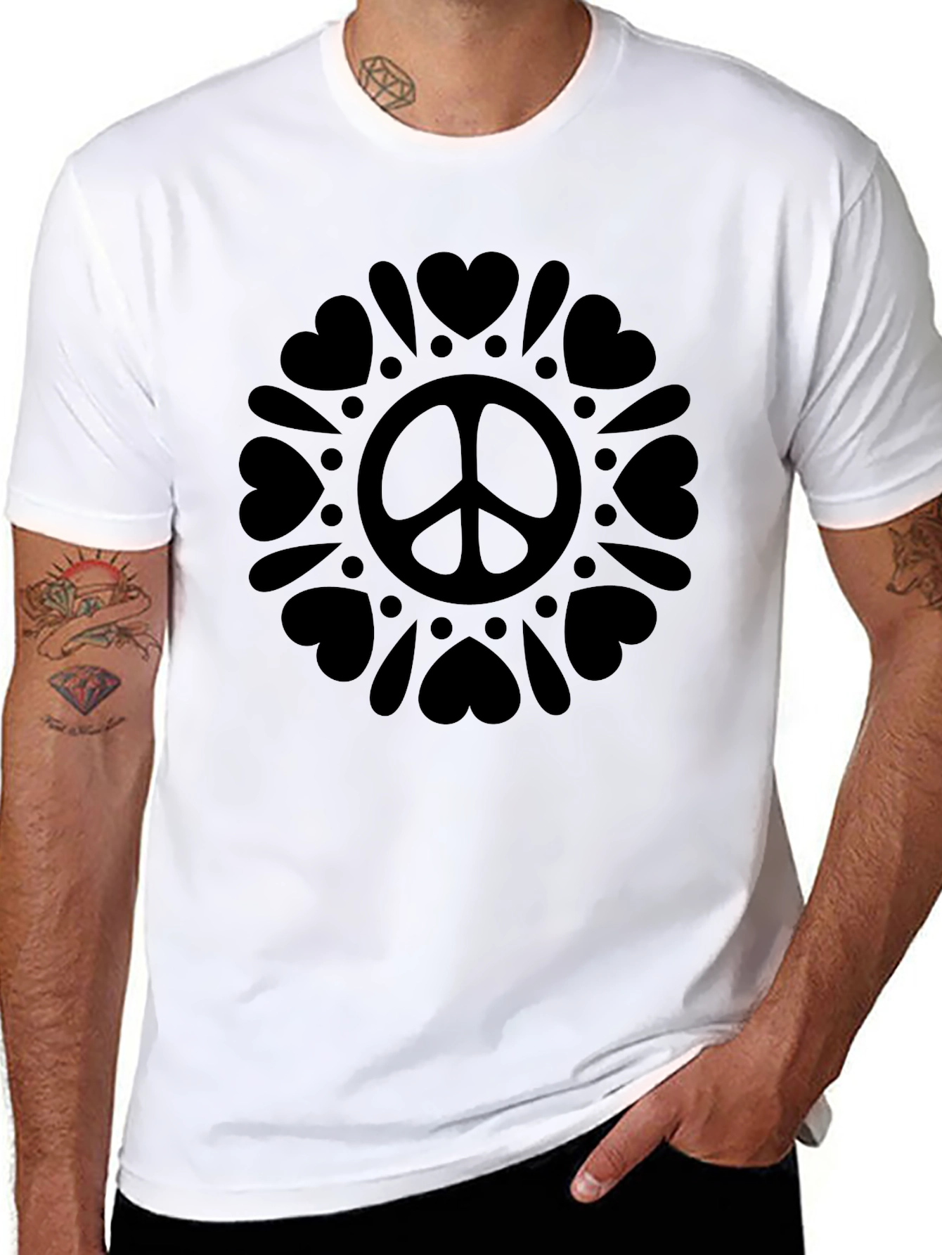 Black Peace Sign Heart Mandala Graphic Tee view 8