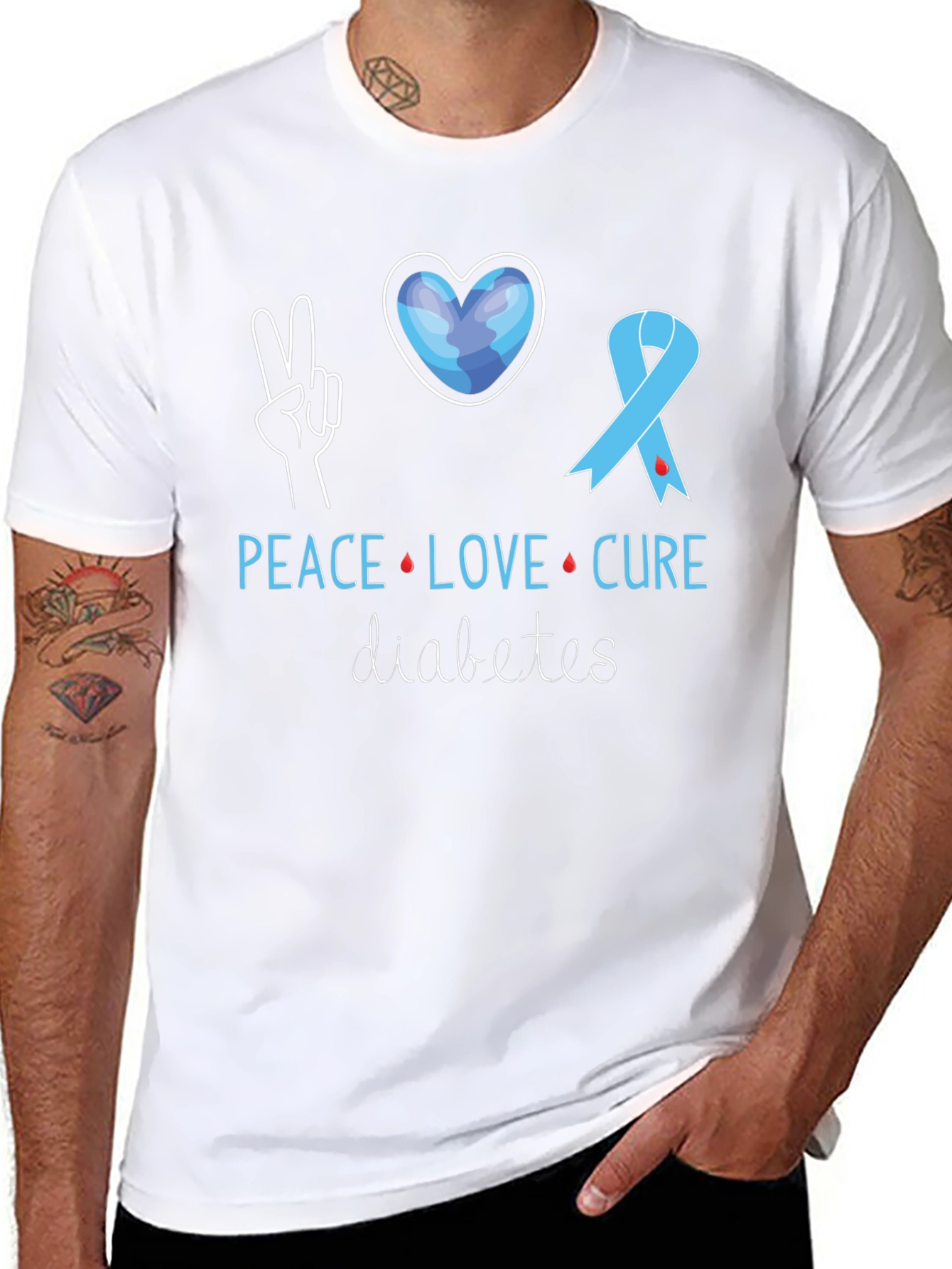 Black Peace Love Cure Diabetes Awareness T-Shirt view 8