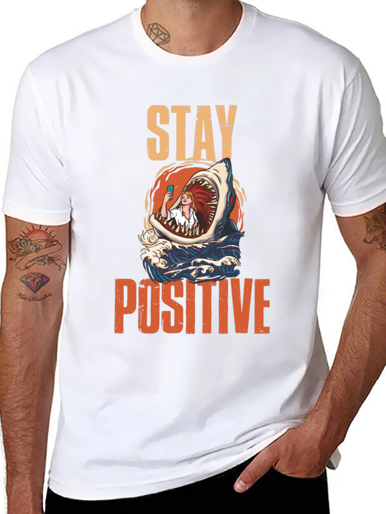 Black Stay Positive Shark Selfie Graphic Tee view 8