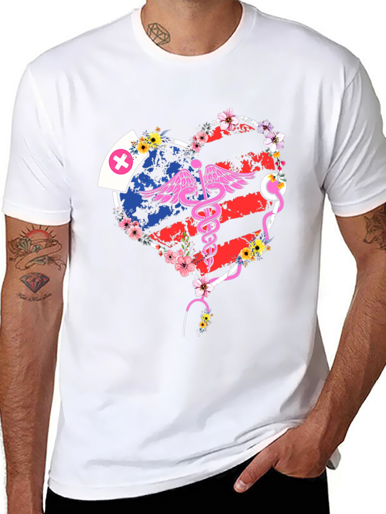 Black Nurse American Flag Heart T-Shirt view 8