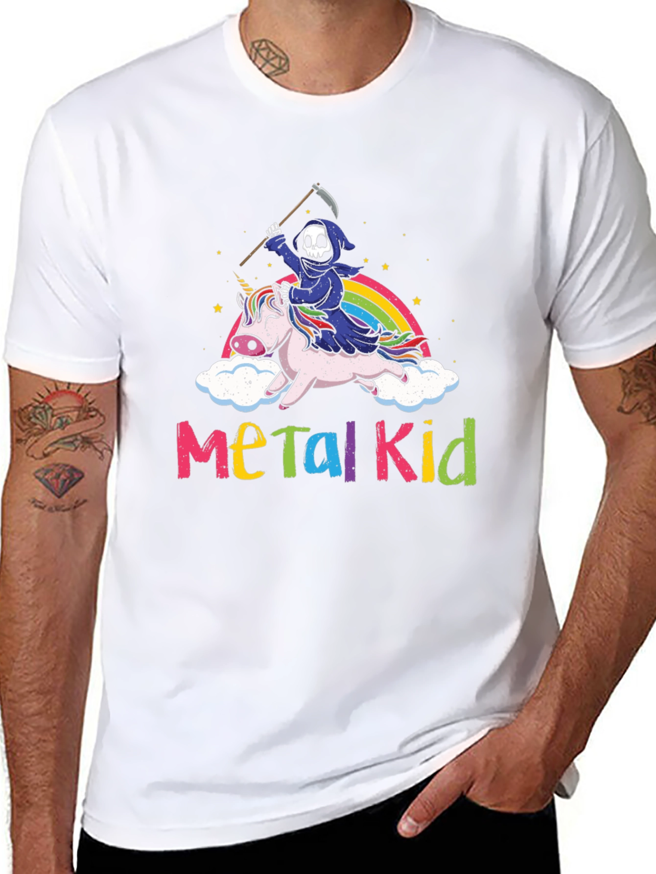 Black Metal Kid Grim Reaper Unicorn Rainbow T-Shirt view 8