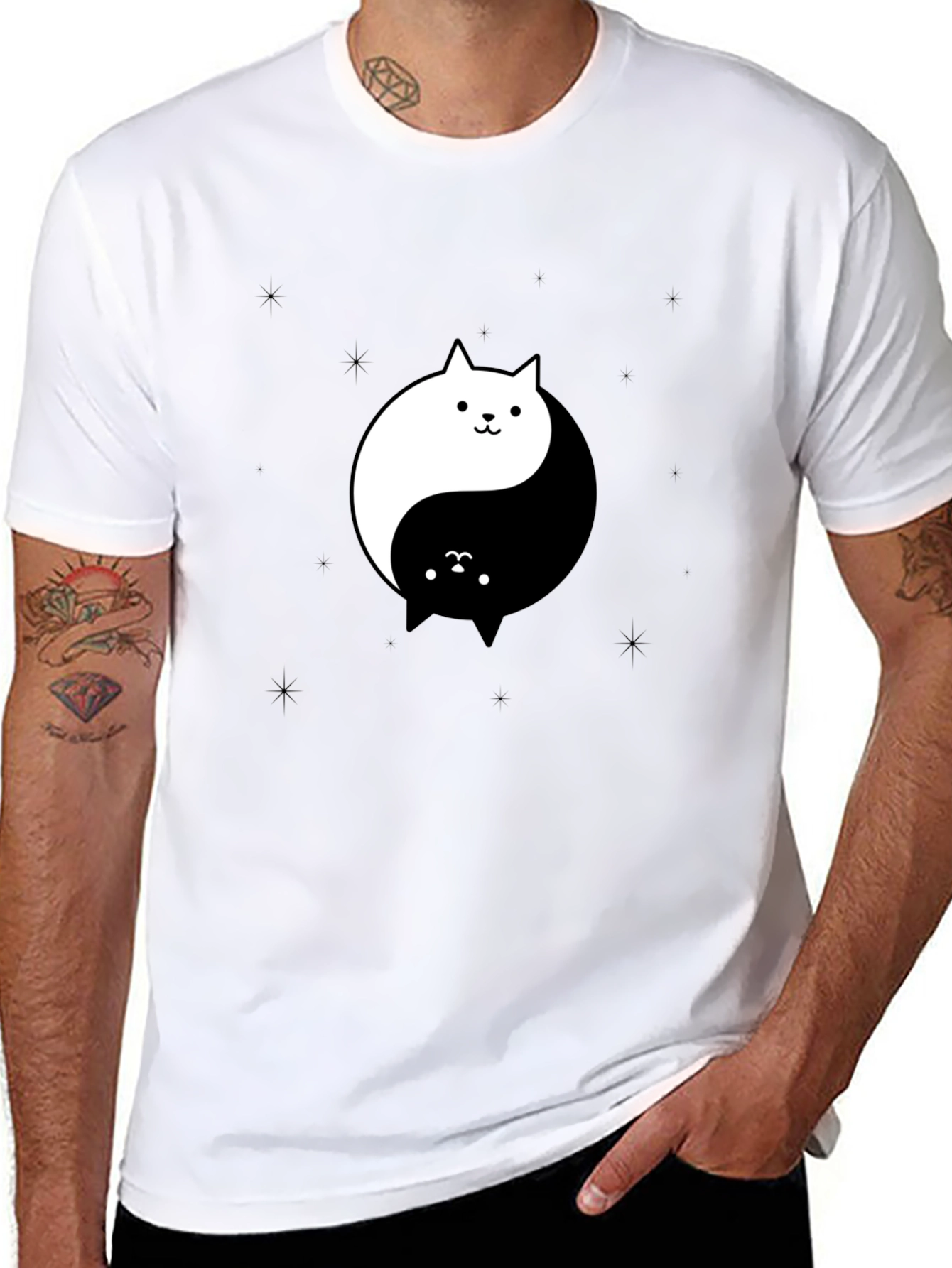 Black Yin Yang Cat Graphic Tee - Black Cotton T-Shirt view 8