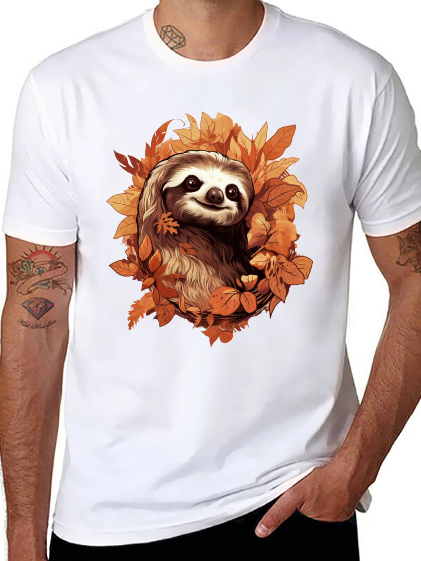 Black Sloth in Autumn Leaves Graphic T-Shirt view 8