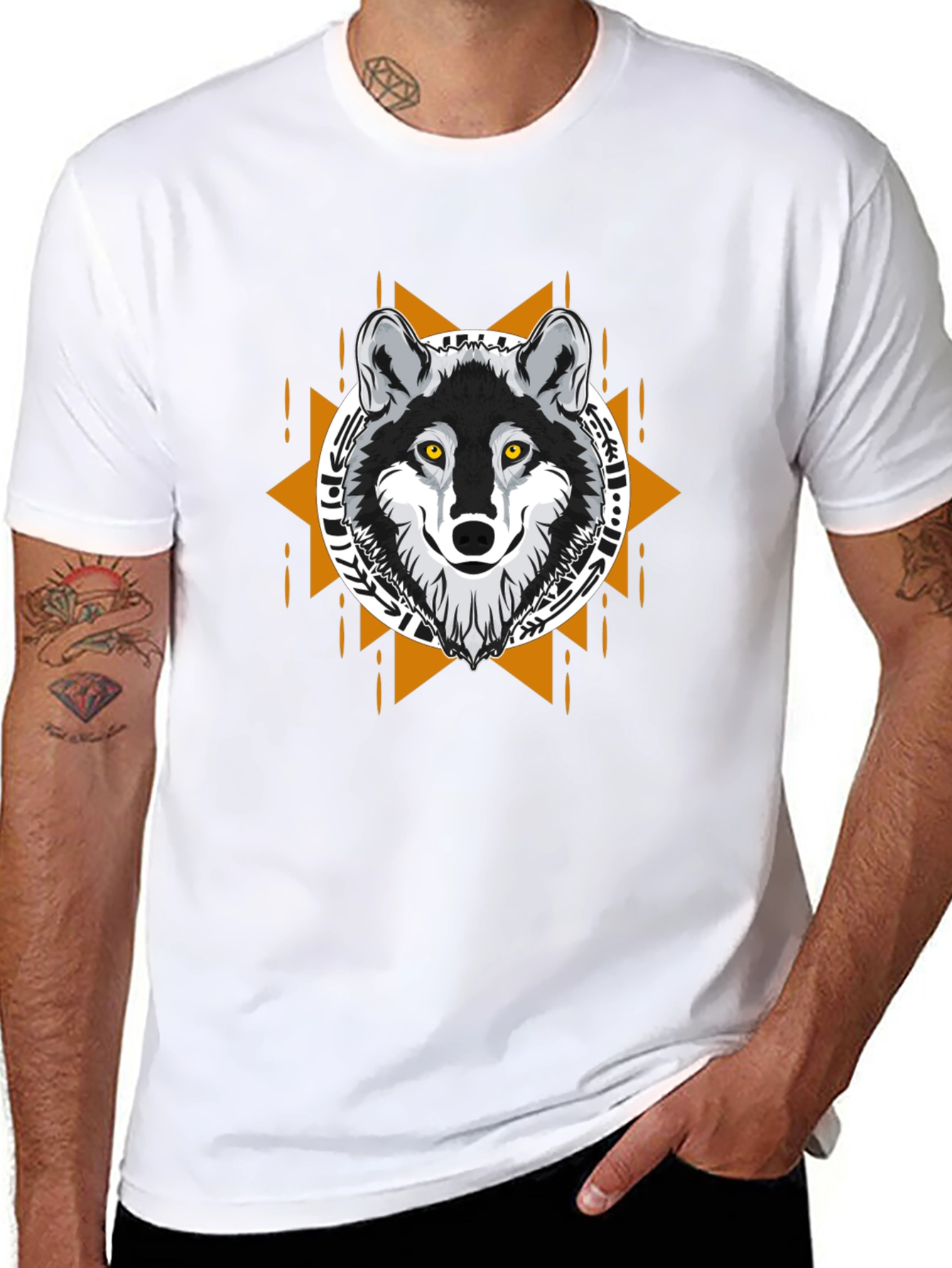 Black Wolf Graphic Tee - Tribal Design Black T-Shirt view 8