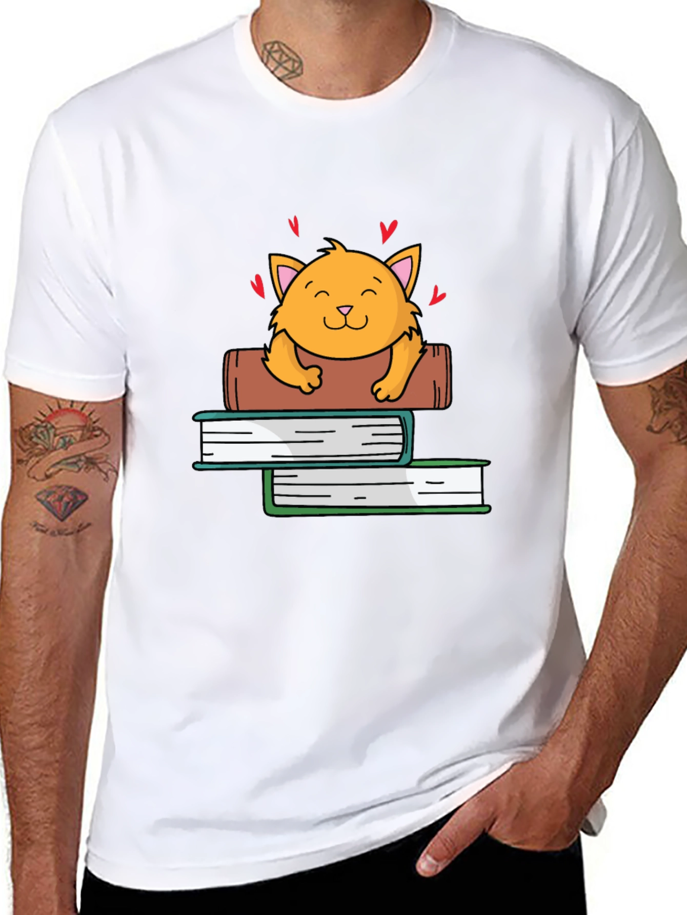 Black Cute Cat on Books Graphic Tee view 8