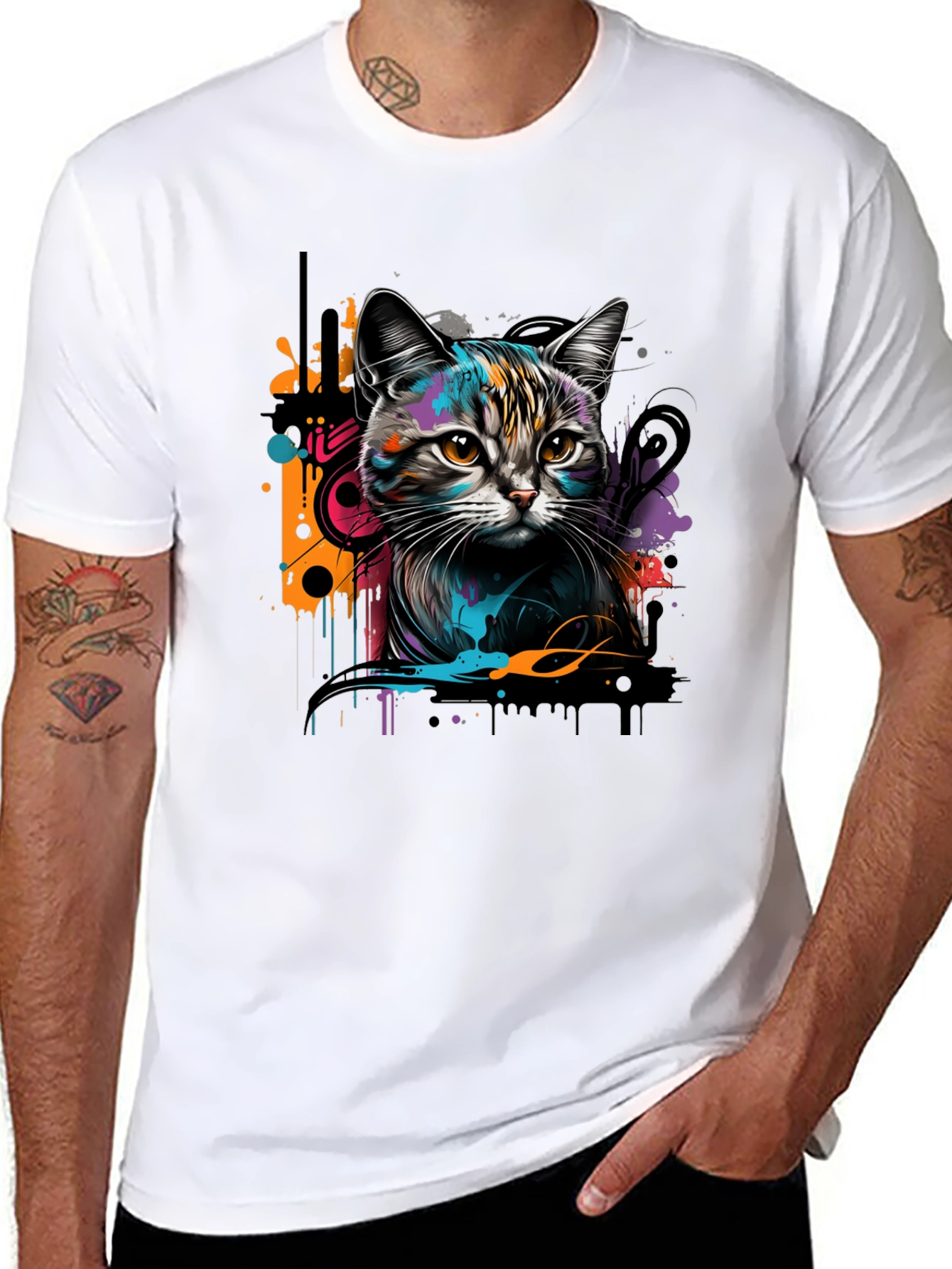 Black Cool Cat Graphic Print Black T-Shirt view 8