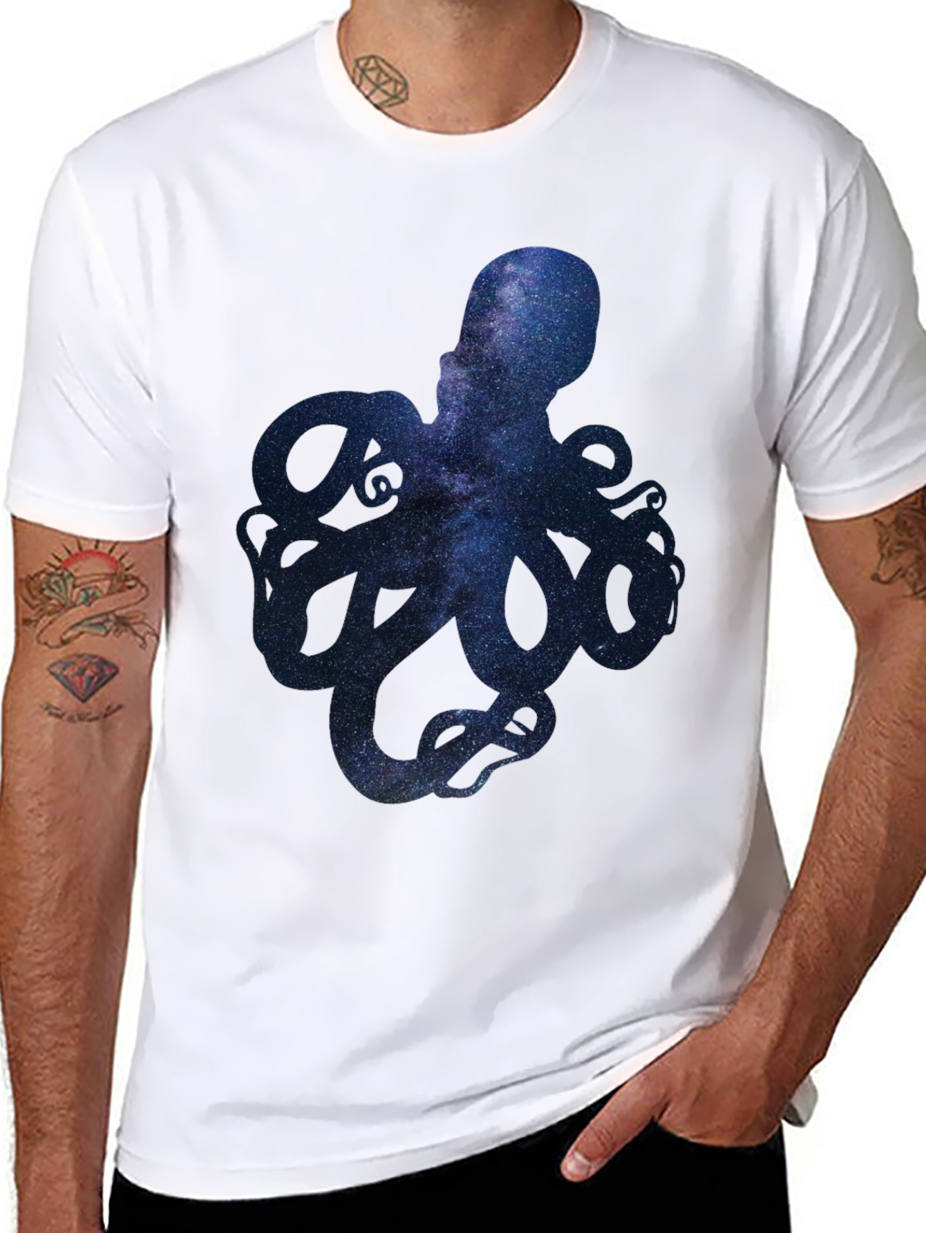 Black Galaxy Octopus Graphic Print Men's T-Shirt view 8