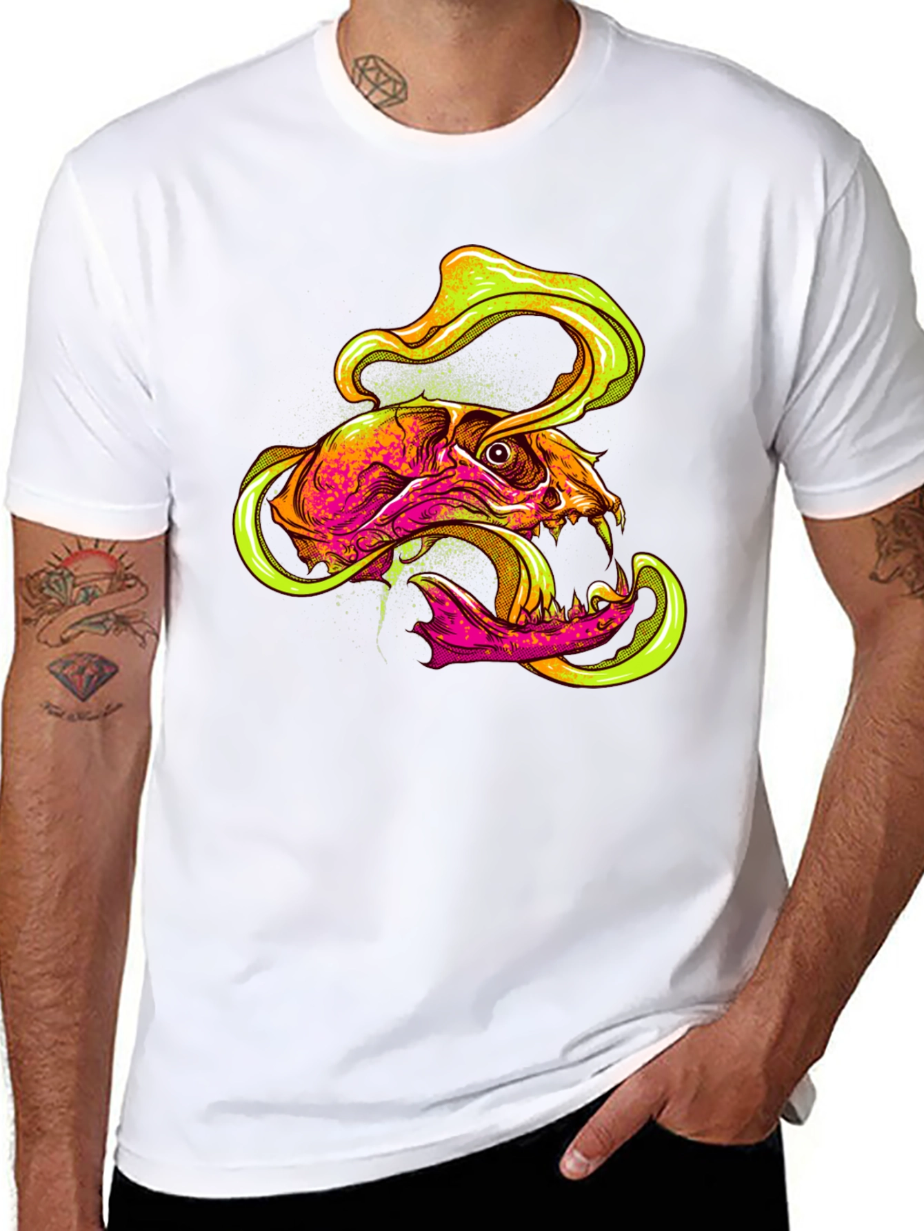 Black Skull Graphic Print T-Shirt - Vivid Neon Design view 8