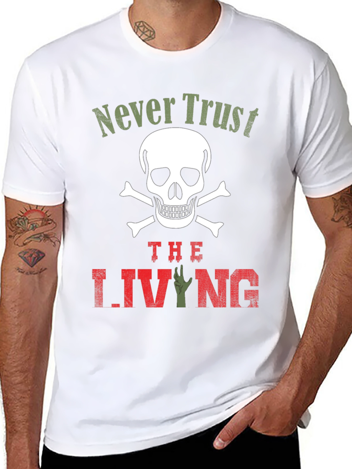 Black Never Trust the Living T-Shirt - Skull & Zombie Hand Design view 8