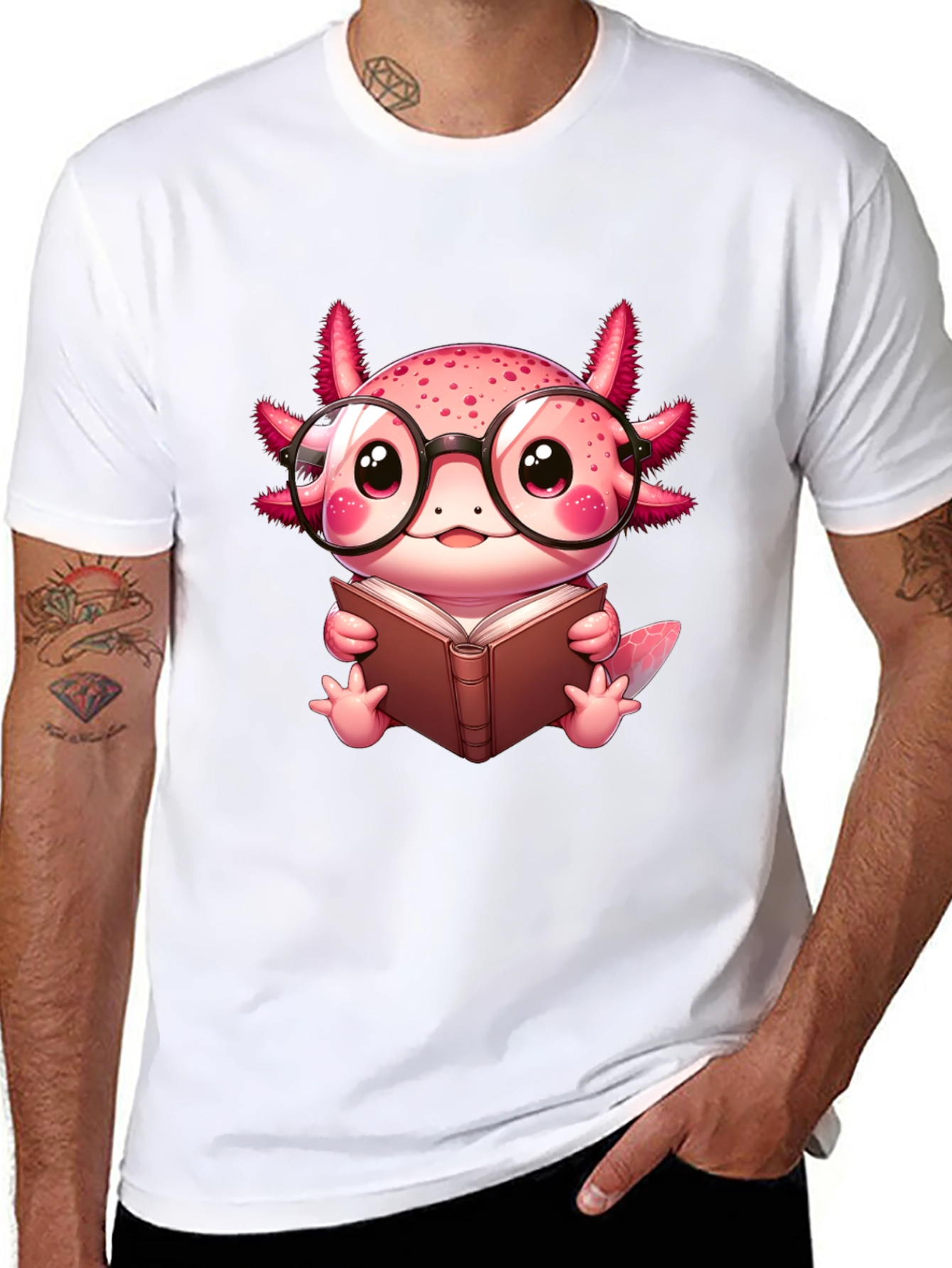Black Axolotl Reader T-Shirt - Cute Nerdy Axolotl Reading Book Tee view 8