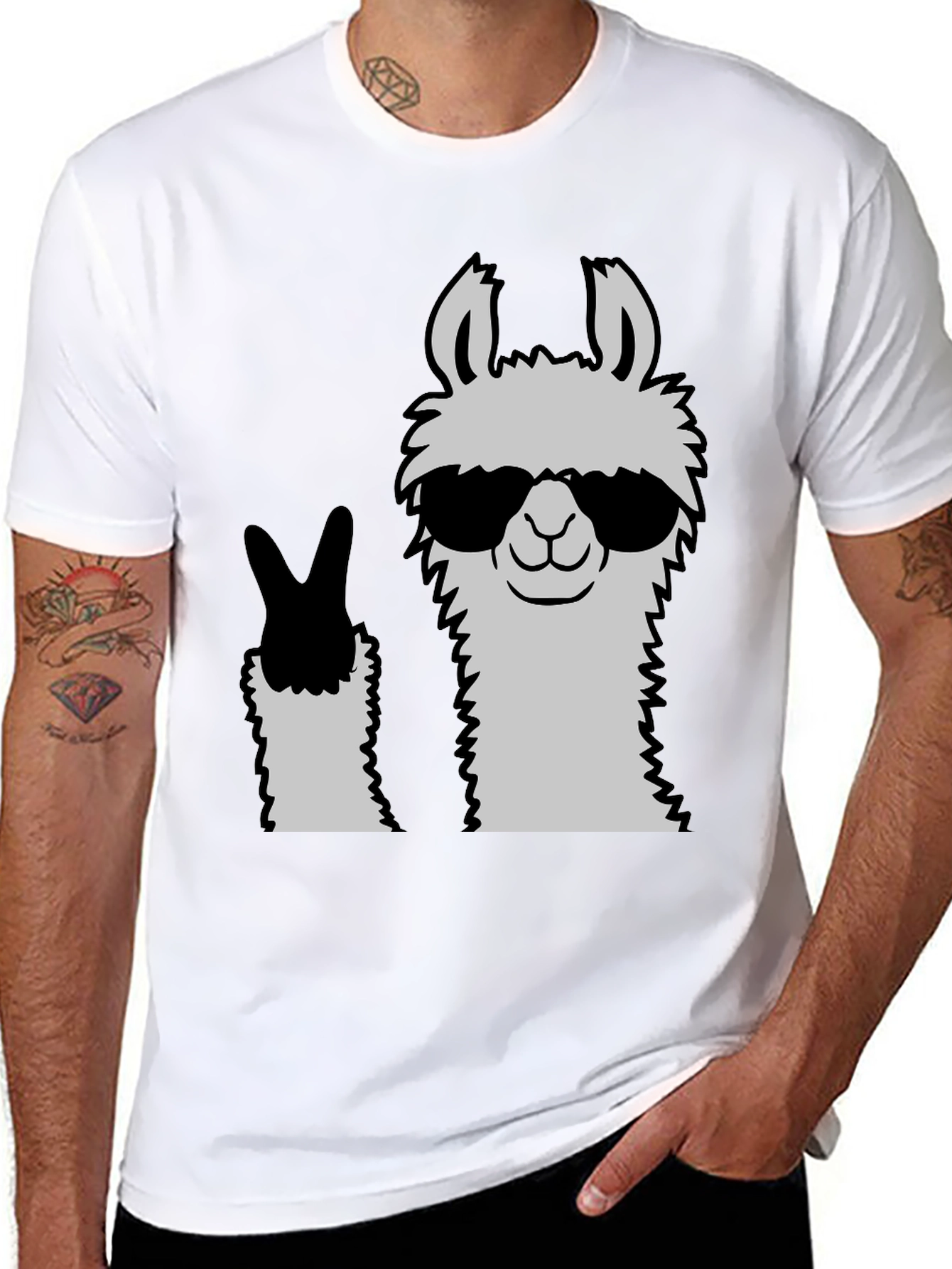 Black Cool Llama Peace Sign Black T-Shirt view 8