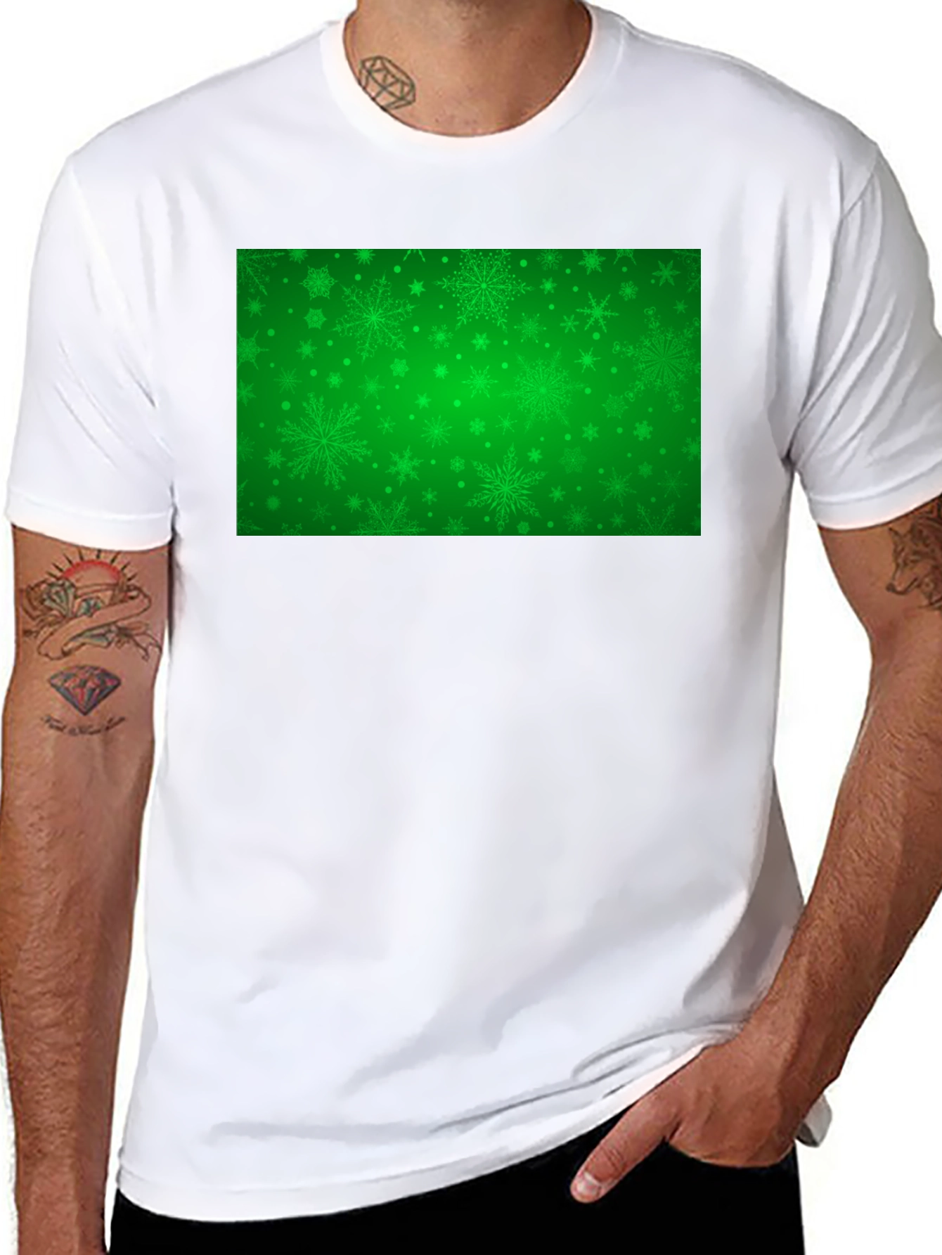 Black Green Snowflakes Pattern Black T-Shirt view 8