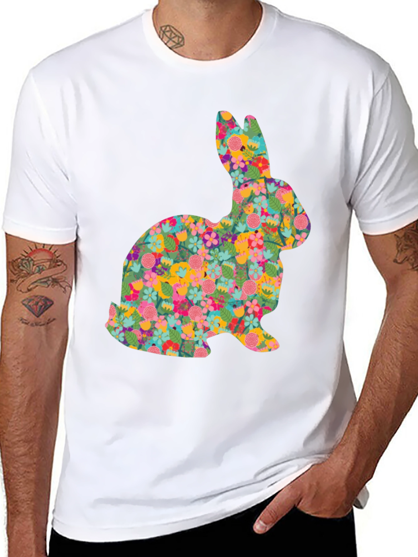 Black Floral Bunny Graphic Tee - Black Cotton Casual Shirt view 8