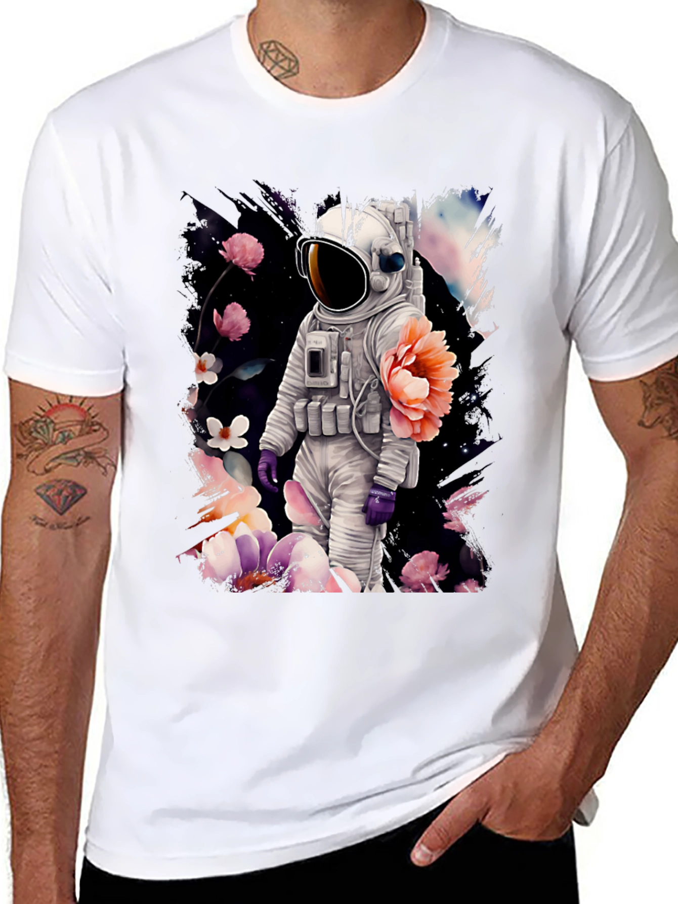 Black Astronaut Floral T-Shirt - Space & Nature Fusion view 8