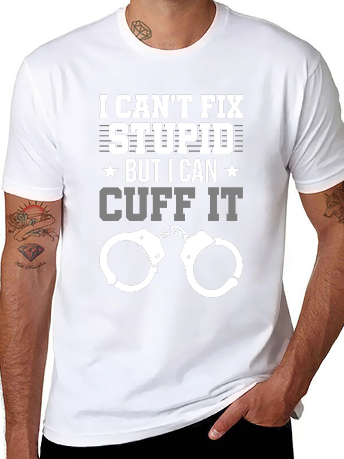 Black Funny Police T-Shirt - I Can't Fix Stupid Cuff It Tee view 8