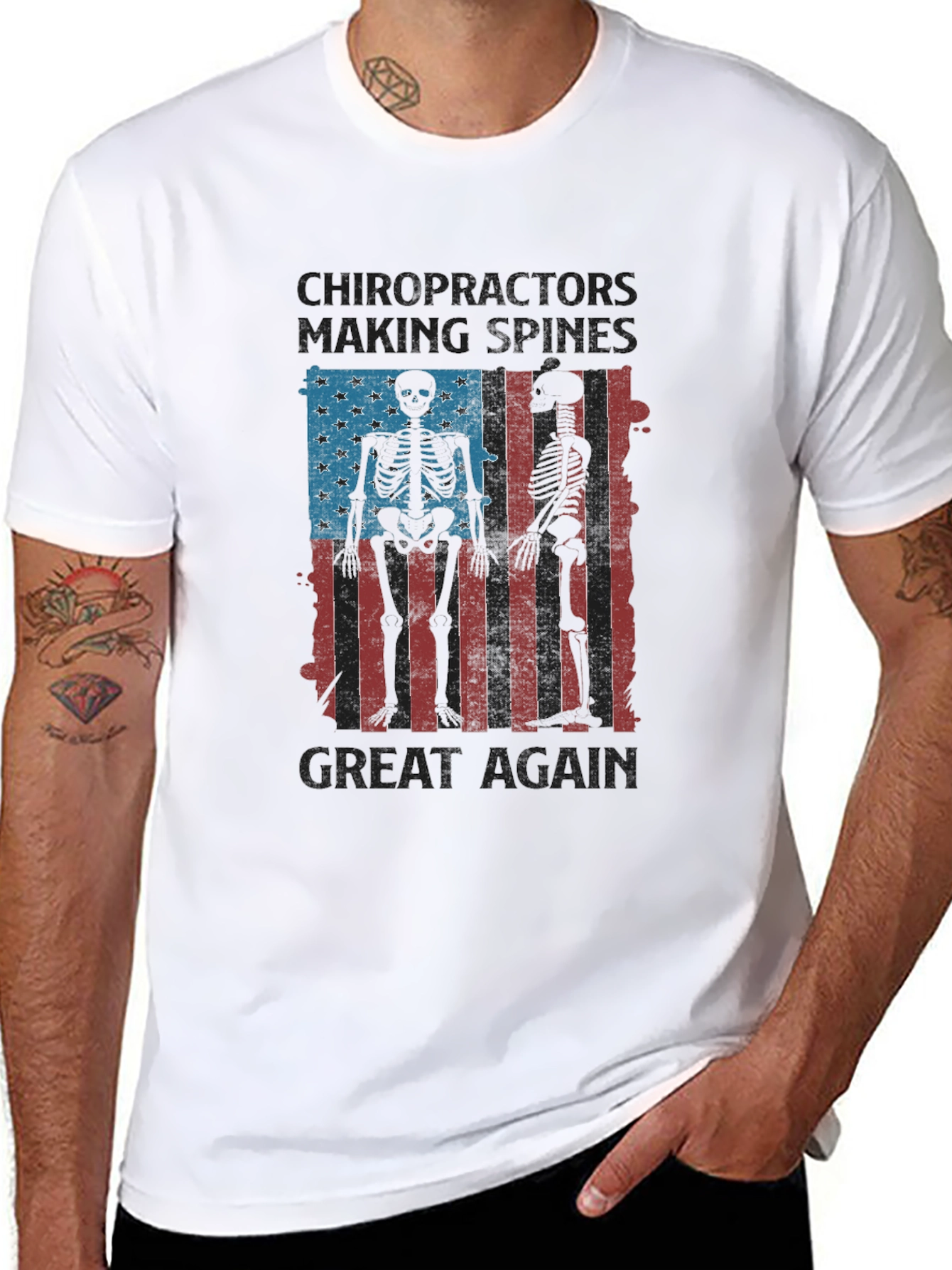 Black Chiropractor Skeleton American Flag T-Shirt view 8