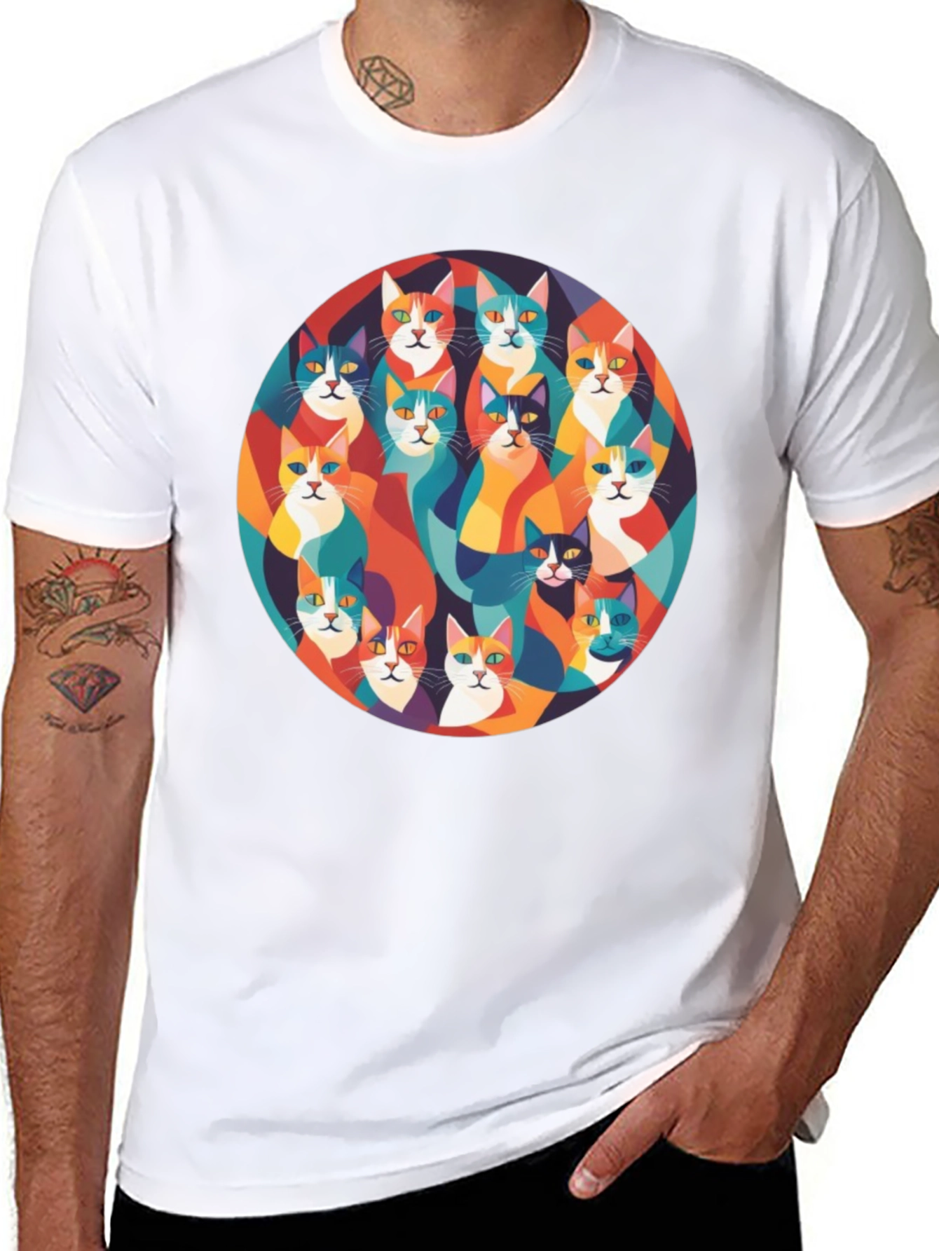 Black Colorful Cats Graphic T-Shirt view 8