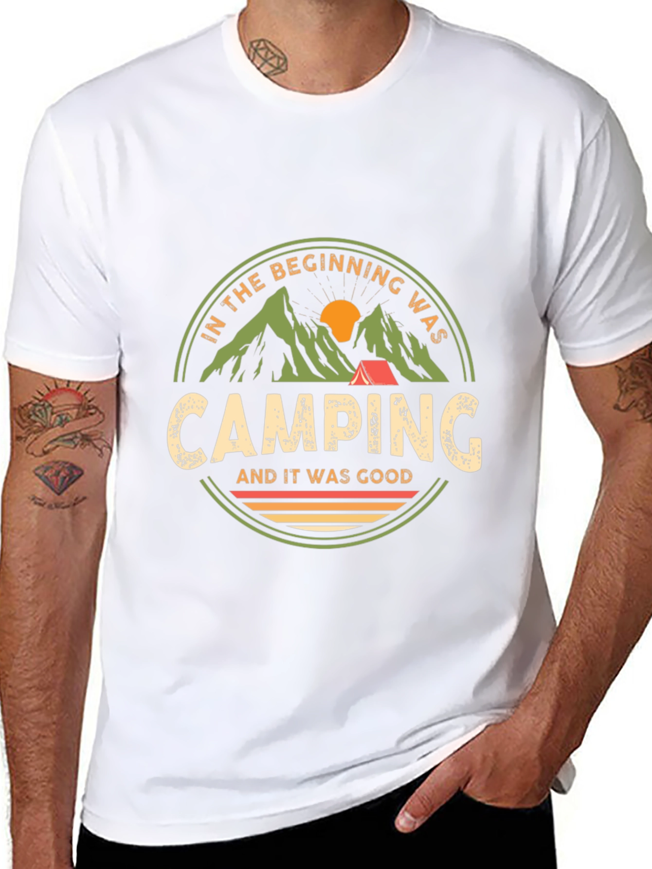 Black Camping T-Shirt: In The Beginning Was Camping view 8