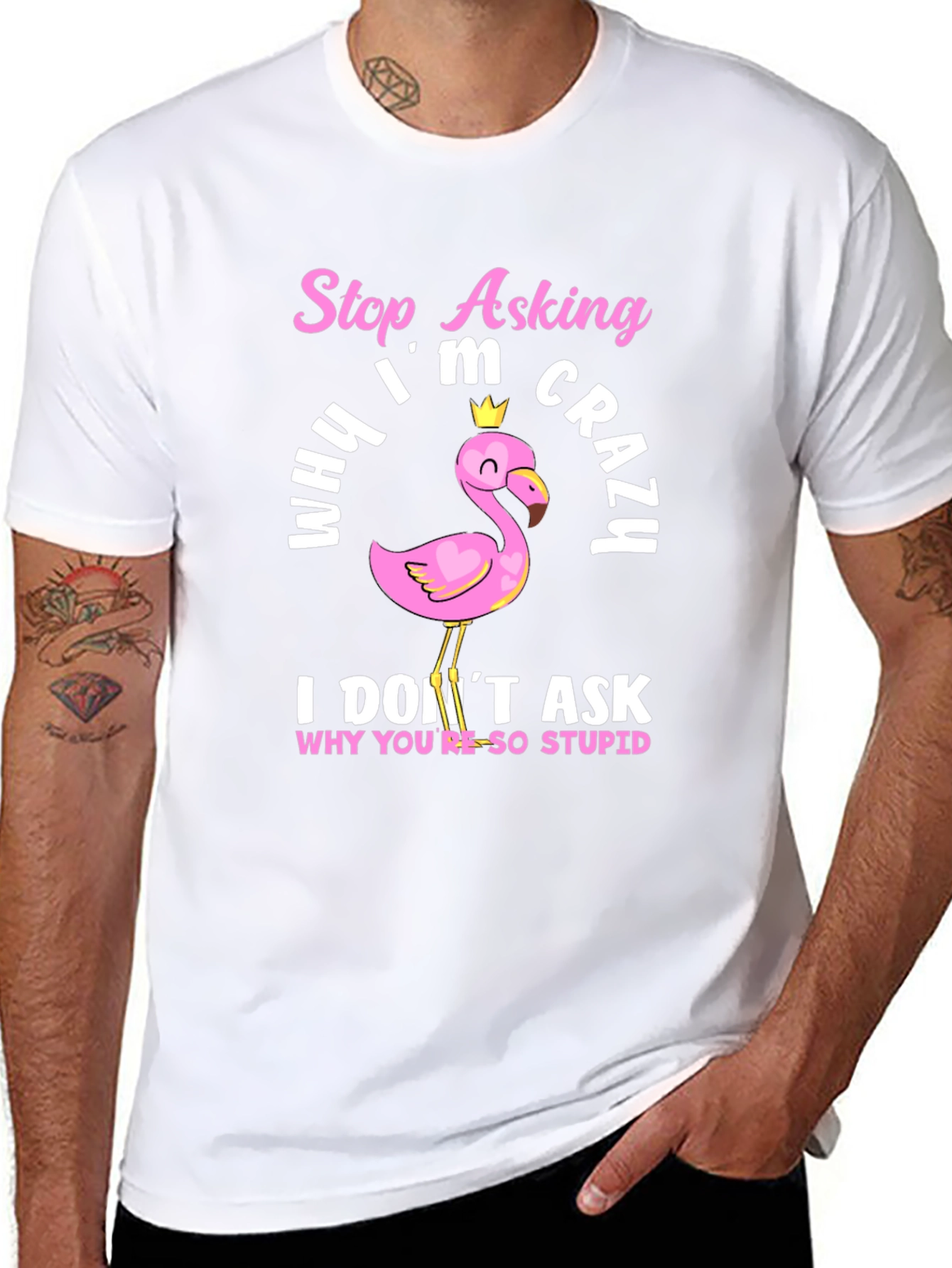 Black Funny Flamingo T-Shirt - Stop Asking Why I'm Crazy view 8