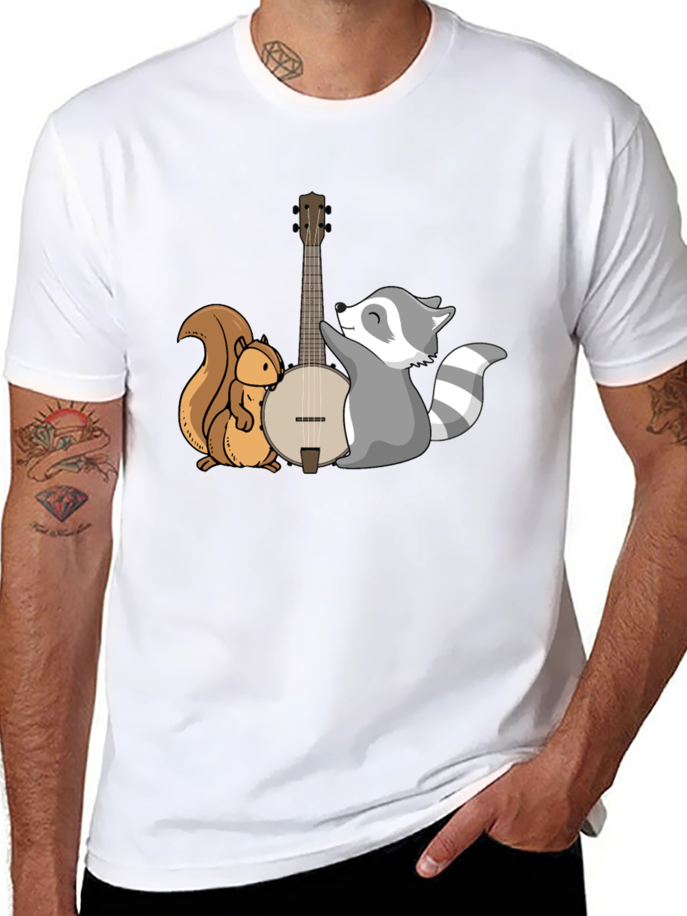 Black Squirrel and Raccoon Banjo Graphic Tee view 8