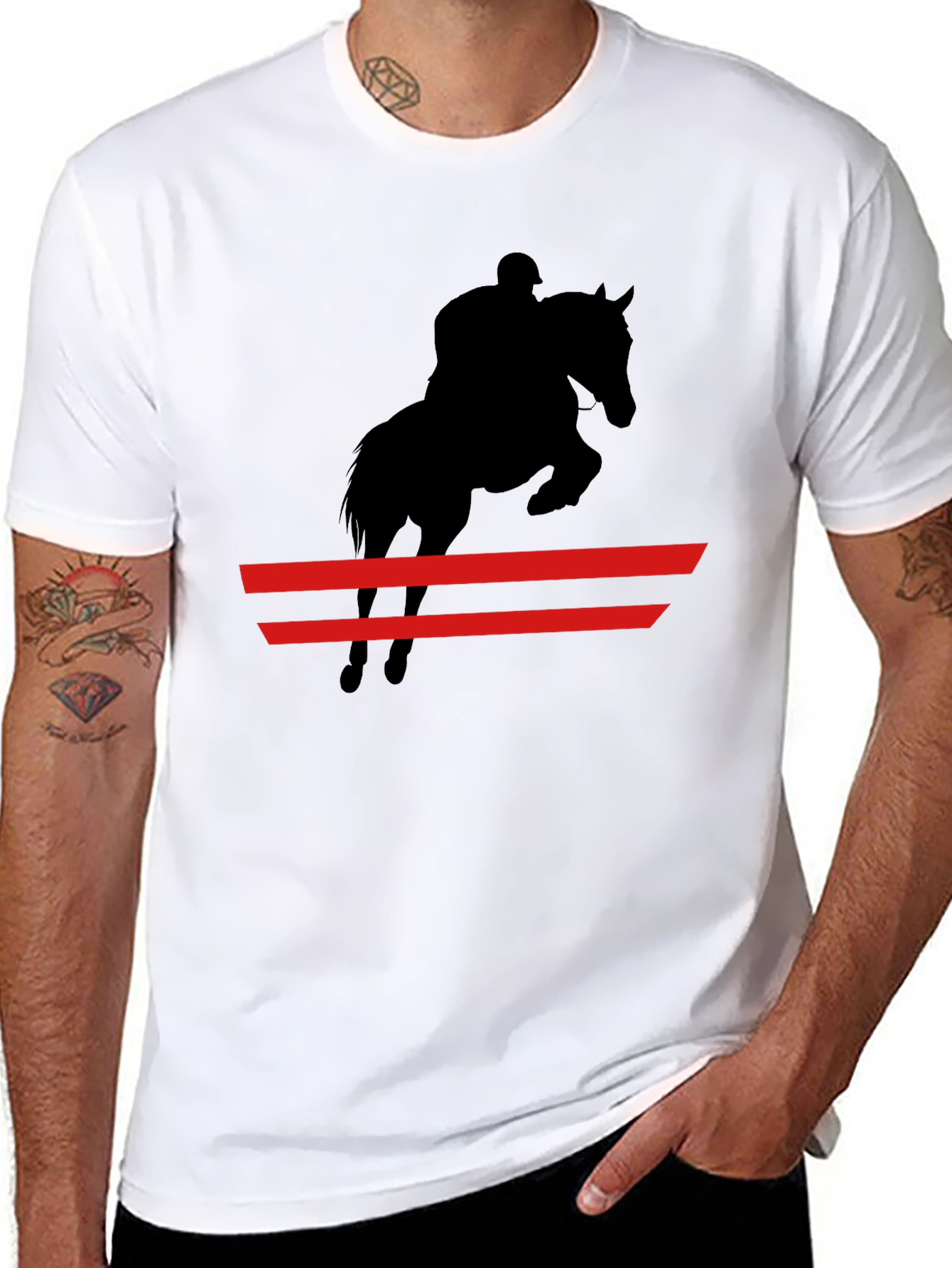 Black Equestrian Black T-Shirt: Horse & Rider Jumping view 8