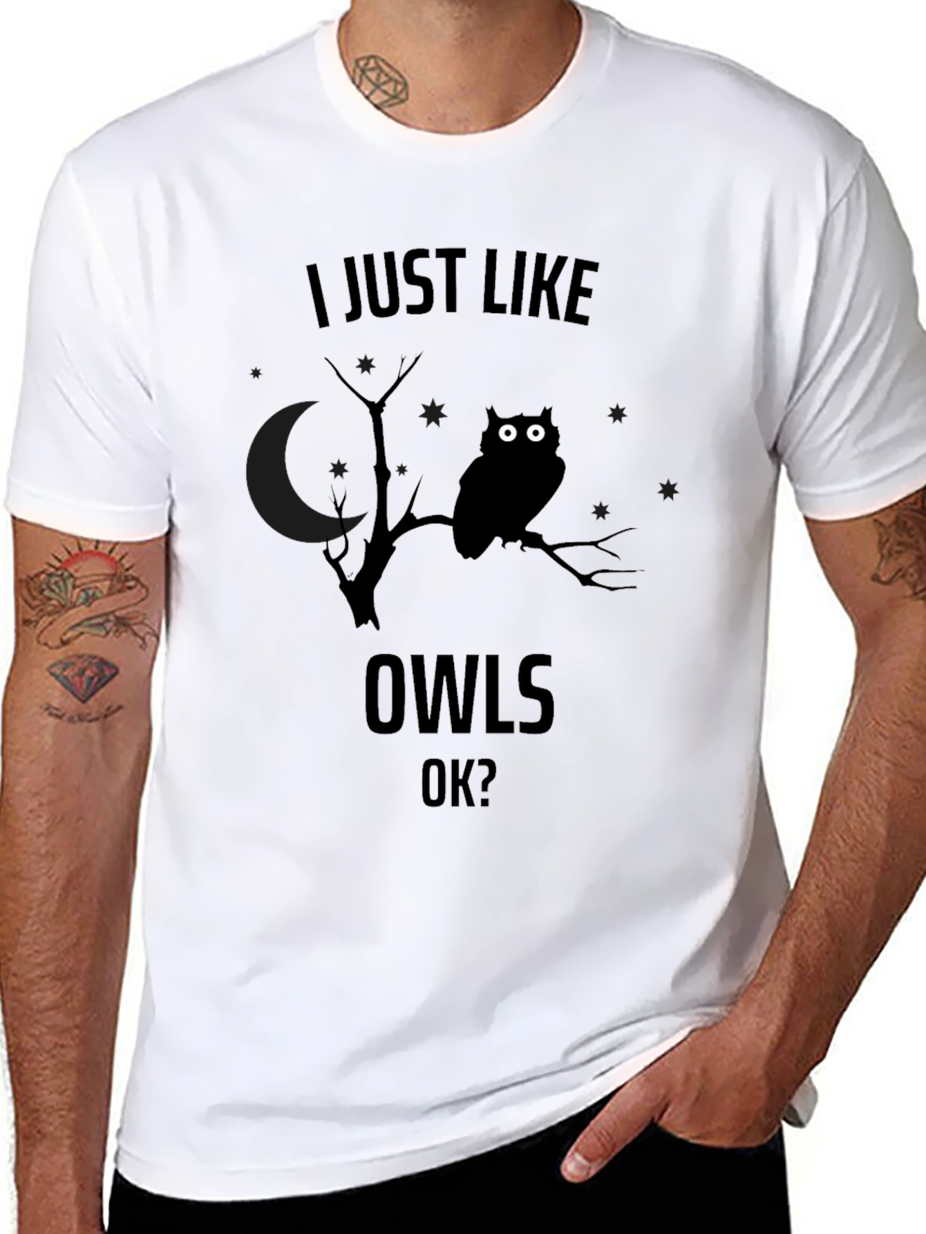 Black I Just Like Owls OK? Men's Black Graphic T-Shirt view 8