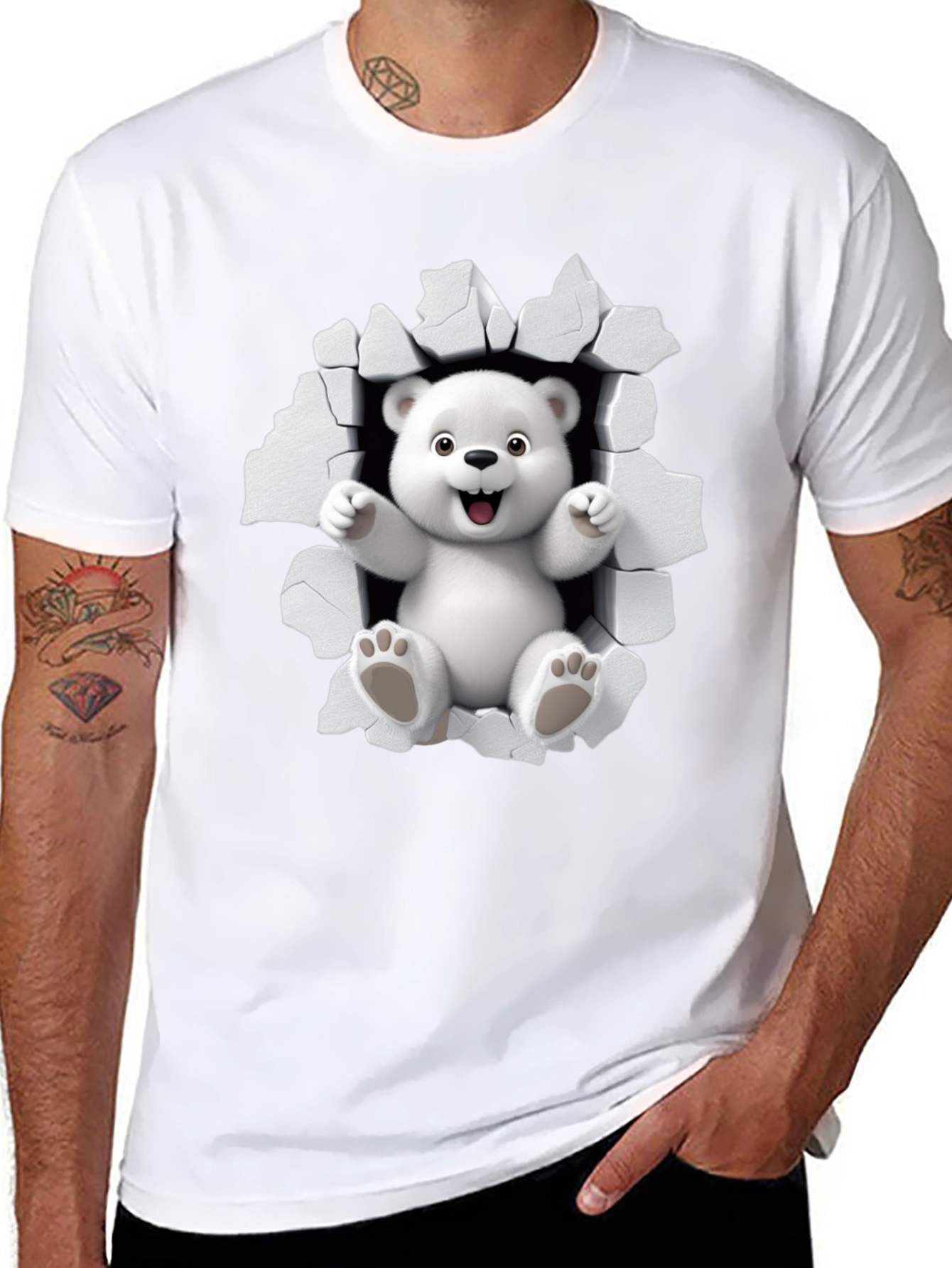 Black Cute Polar Bear 3D Graphic Black T-Shirt view 8