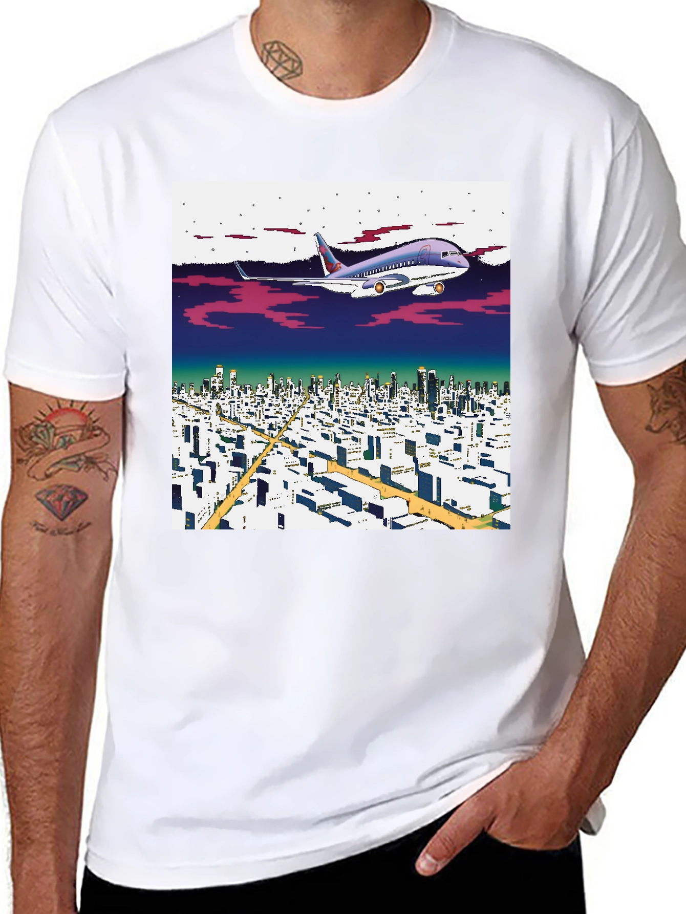 Black Retro Plane Over City T-Shirt view 8