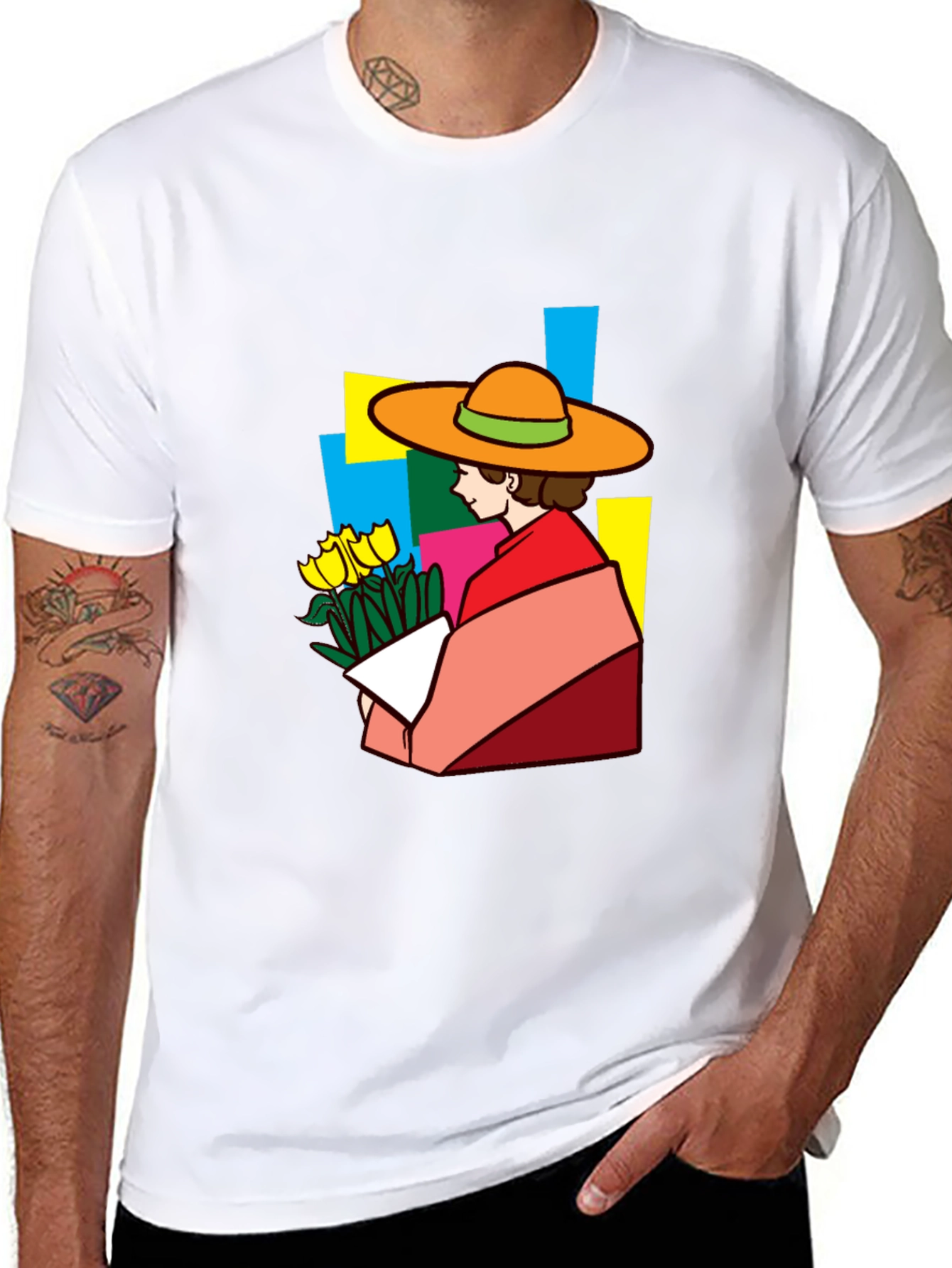 Black Stylish Graphic Tee - Woman with Flowers view 8