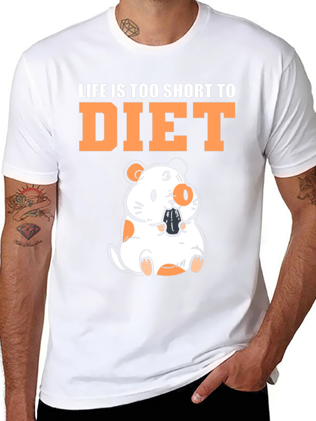 Black Funny Hamster "Life is Too Short to Diet" Black T-Shirt view 8